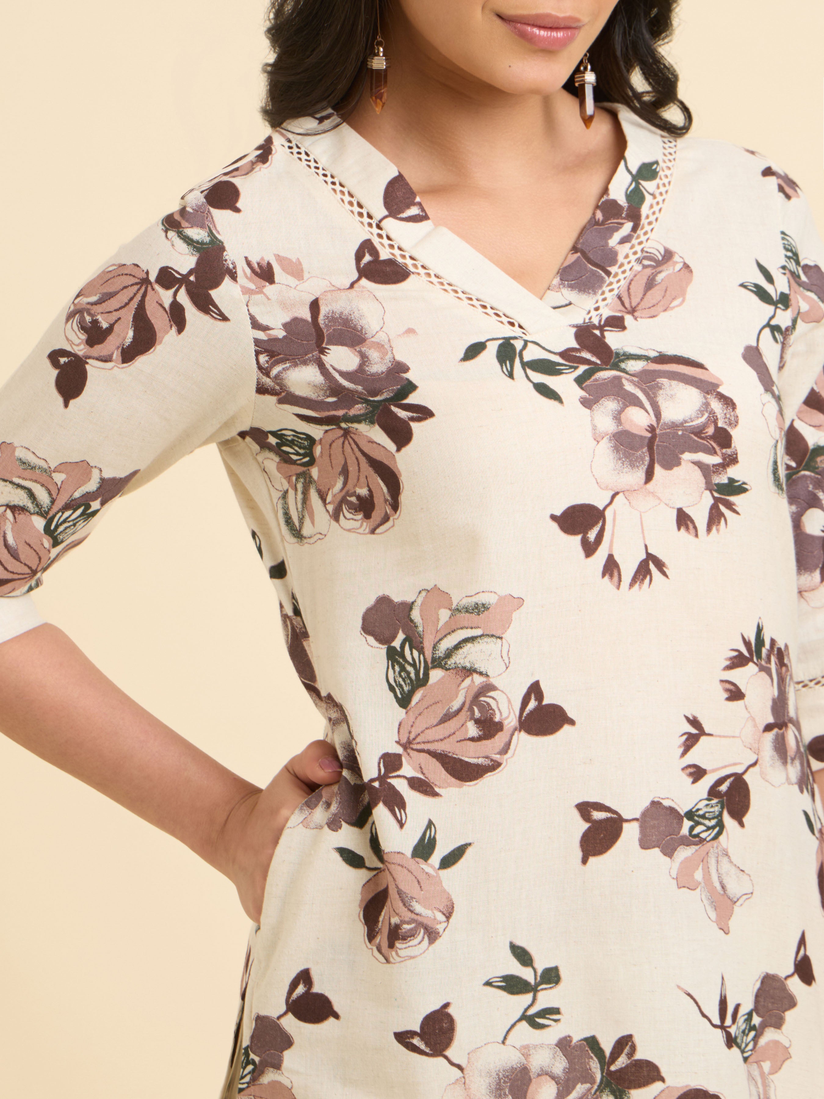 Ivory Multi Cotton Flax Printed Kurti With Lace Detailing