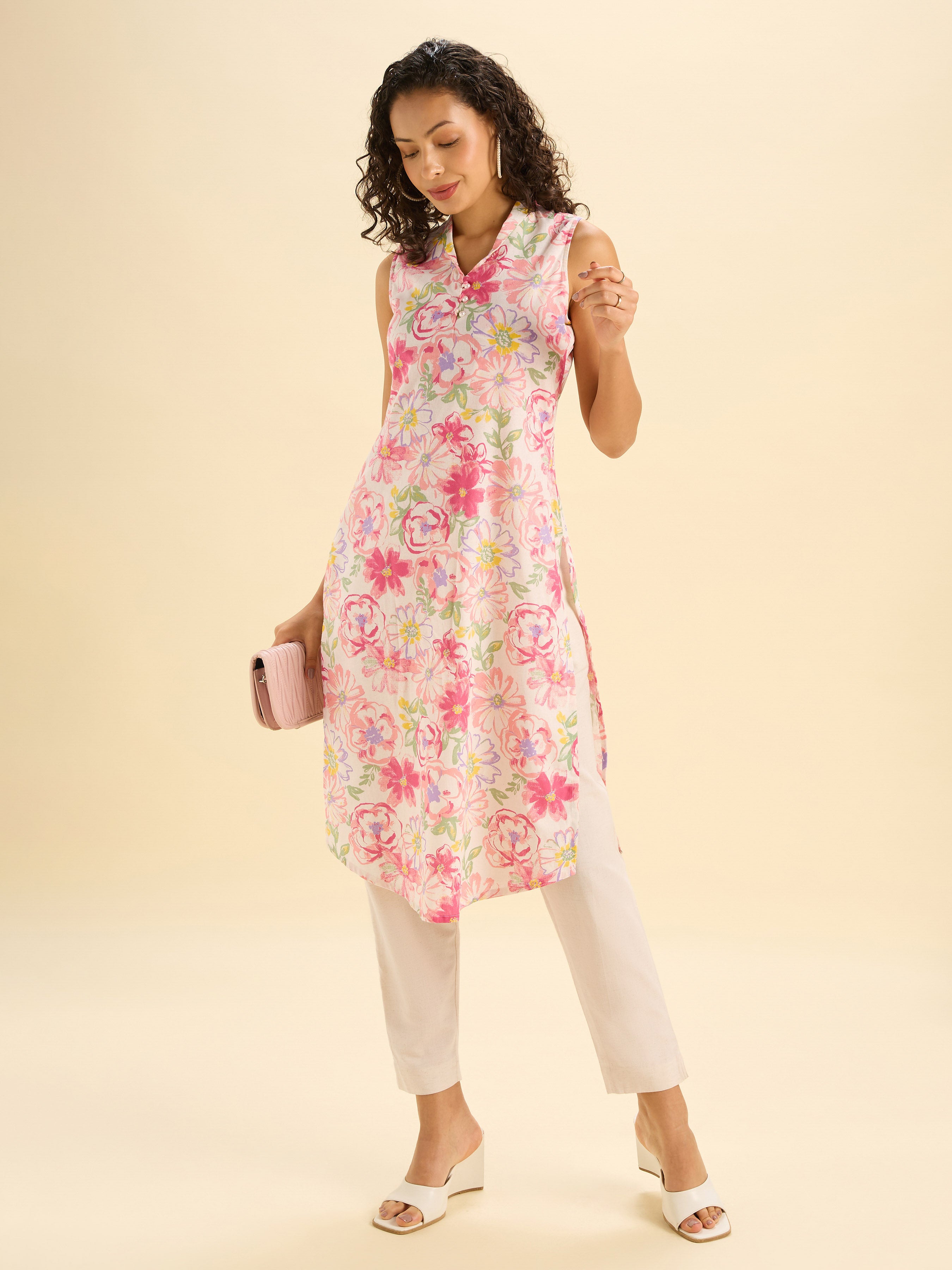 Ivory Multicolour Cotton Flax Printed Slited Kurti With Liberty Cut