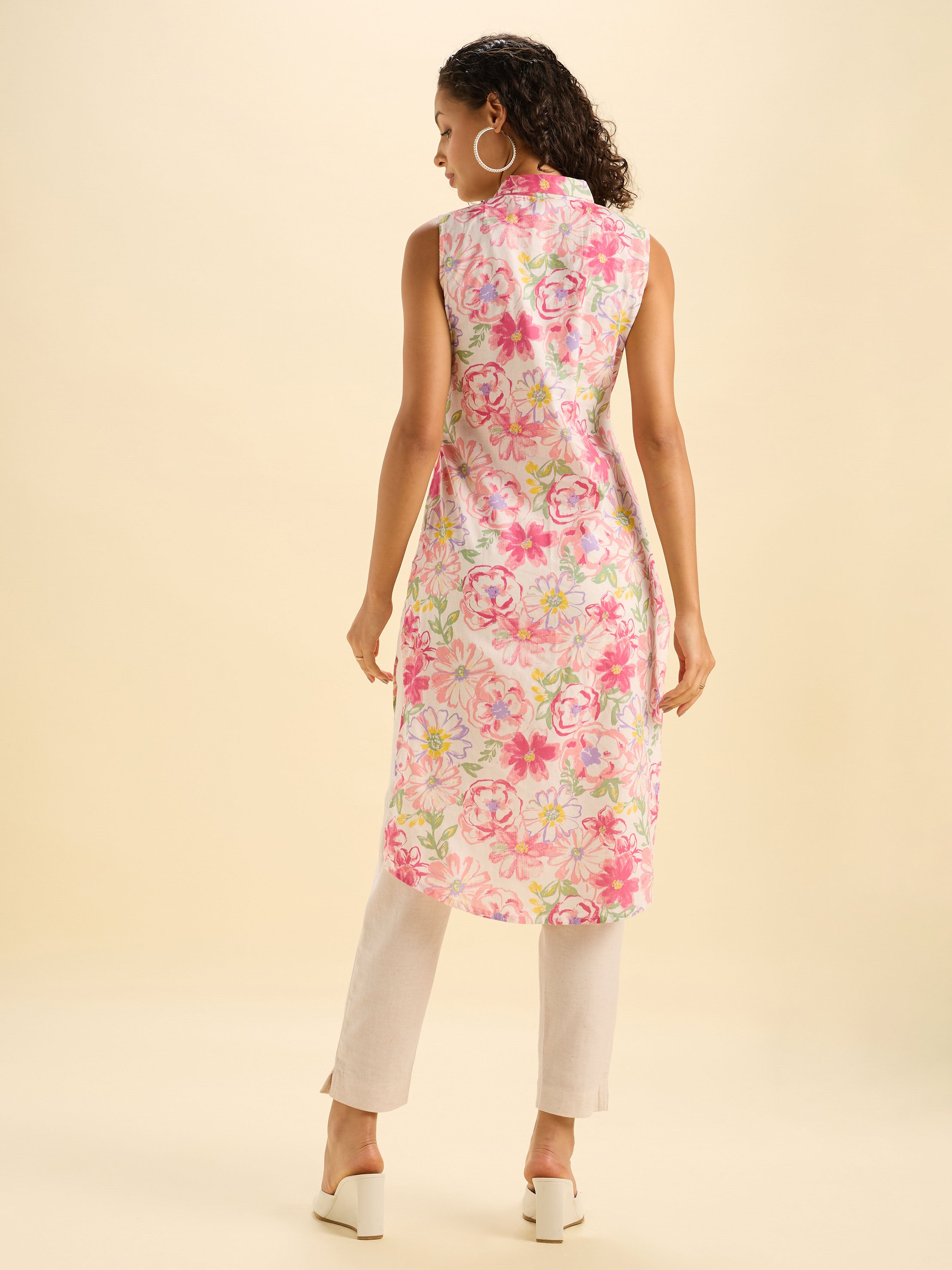 Ivory Multicolour Cotton Flax Printed Slited Kurti With Liberty Cut