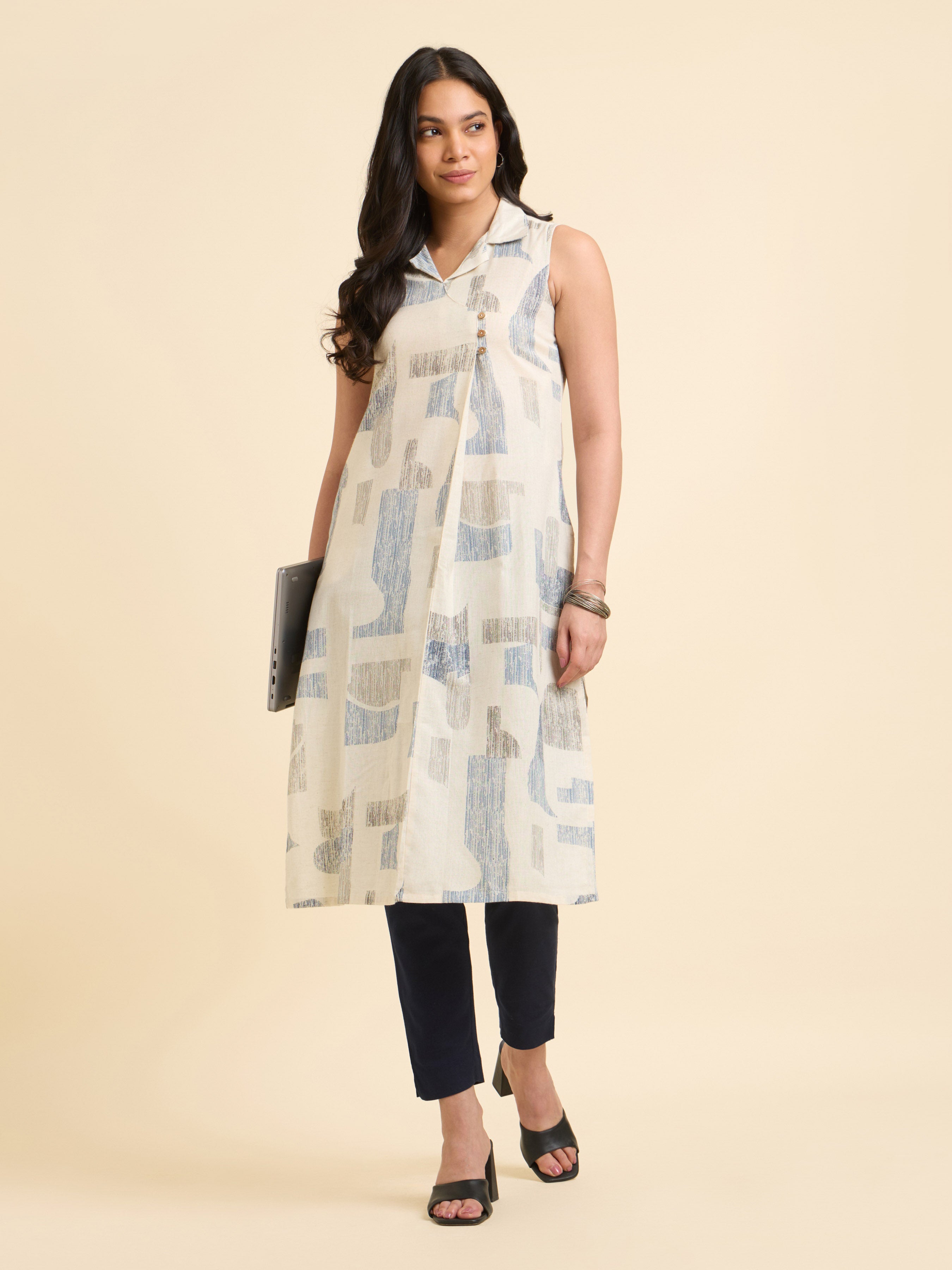 Ivory Multicolour Cotton Flax Printed Slitted Kurti