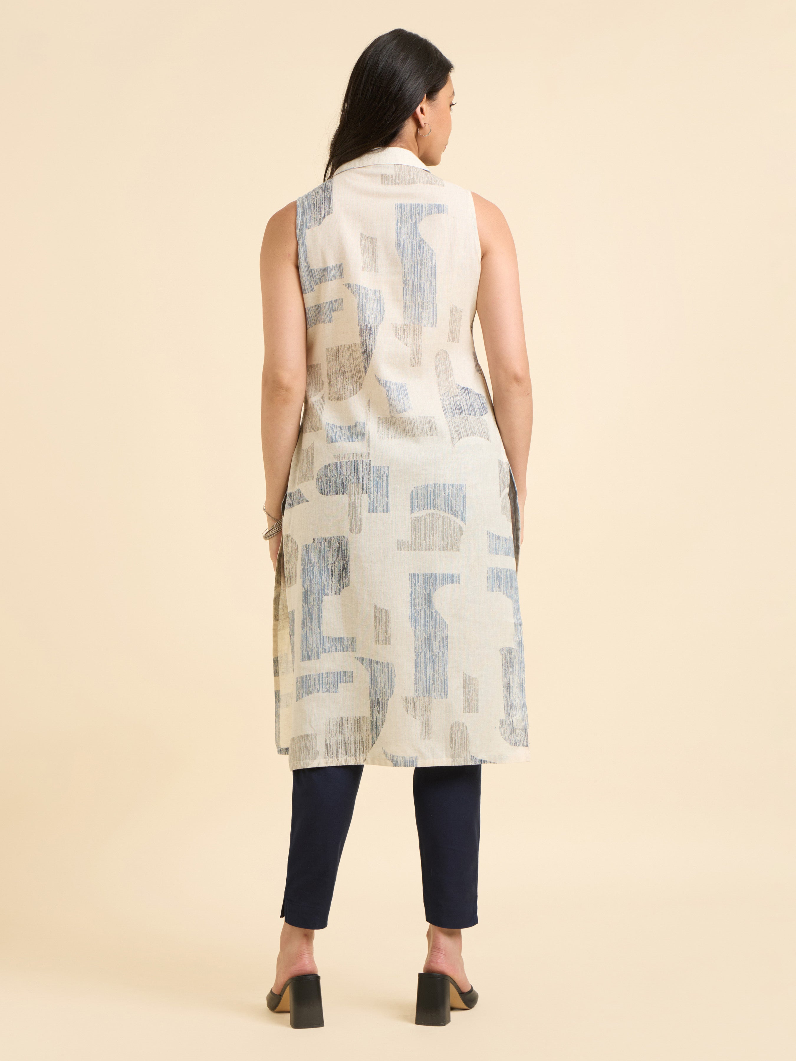 Ivory Multicolour Cotton Flax Printed Slitted Kurti