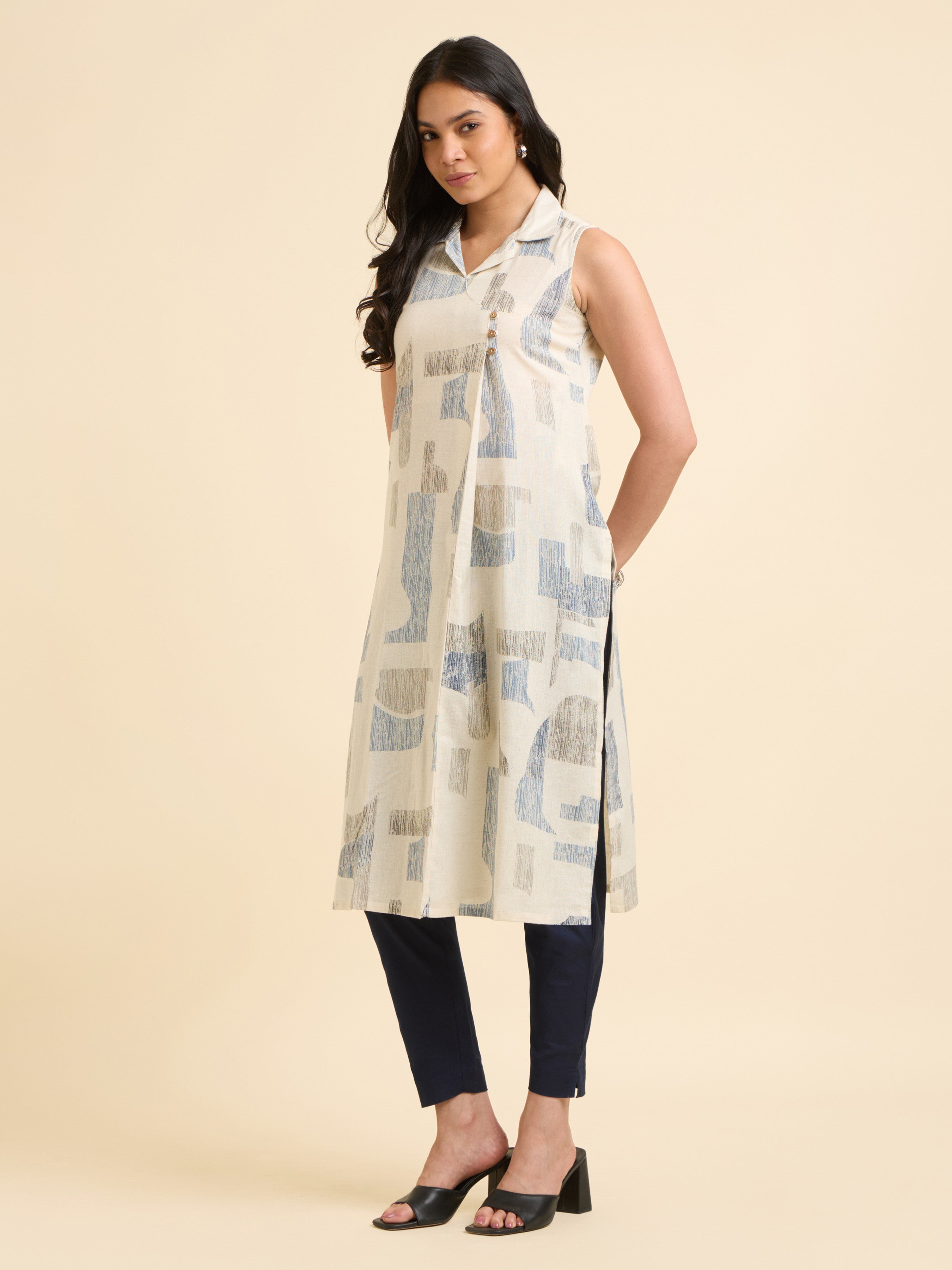 Ivory Multicolour Cotton Flax Printed Slitted Kurti