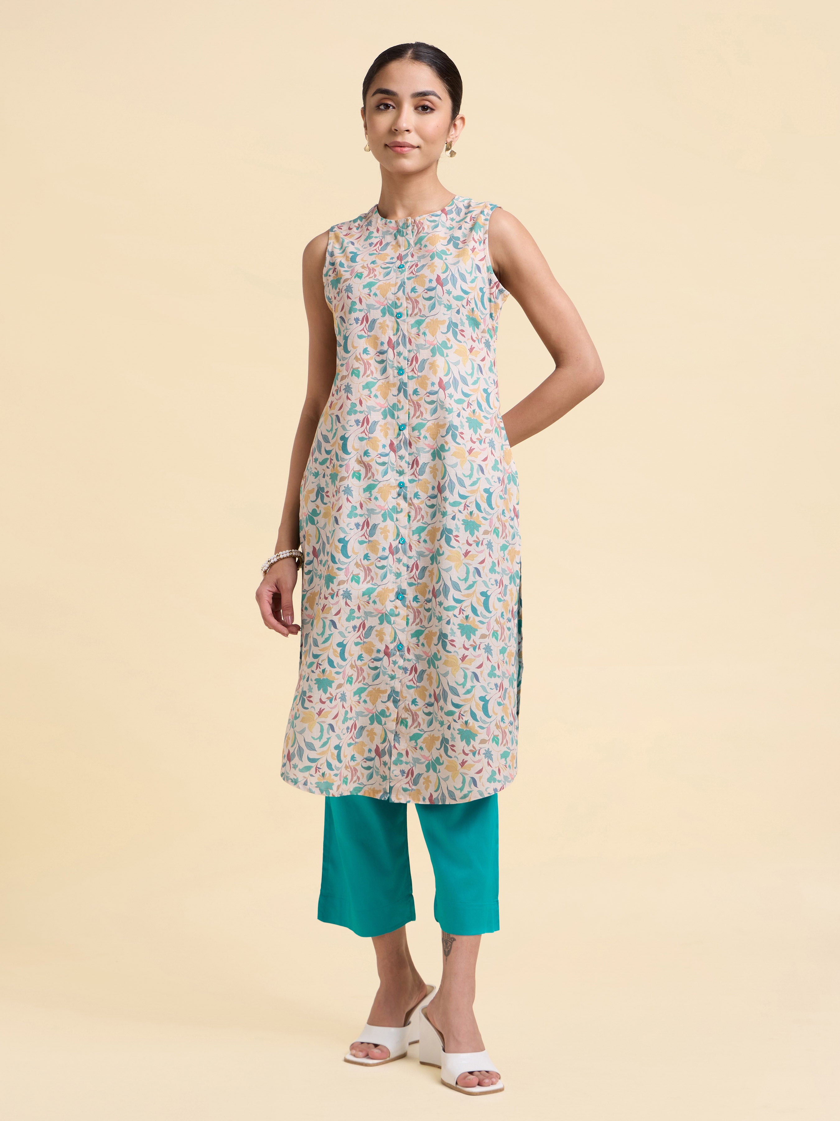 Ivory Multicolour Cotton Flax Slub Printed Slitted Kurti Set