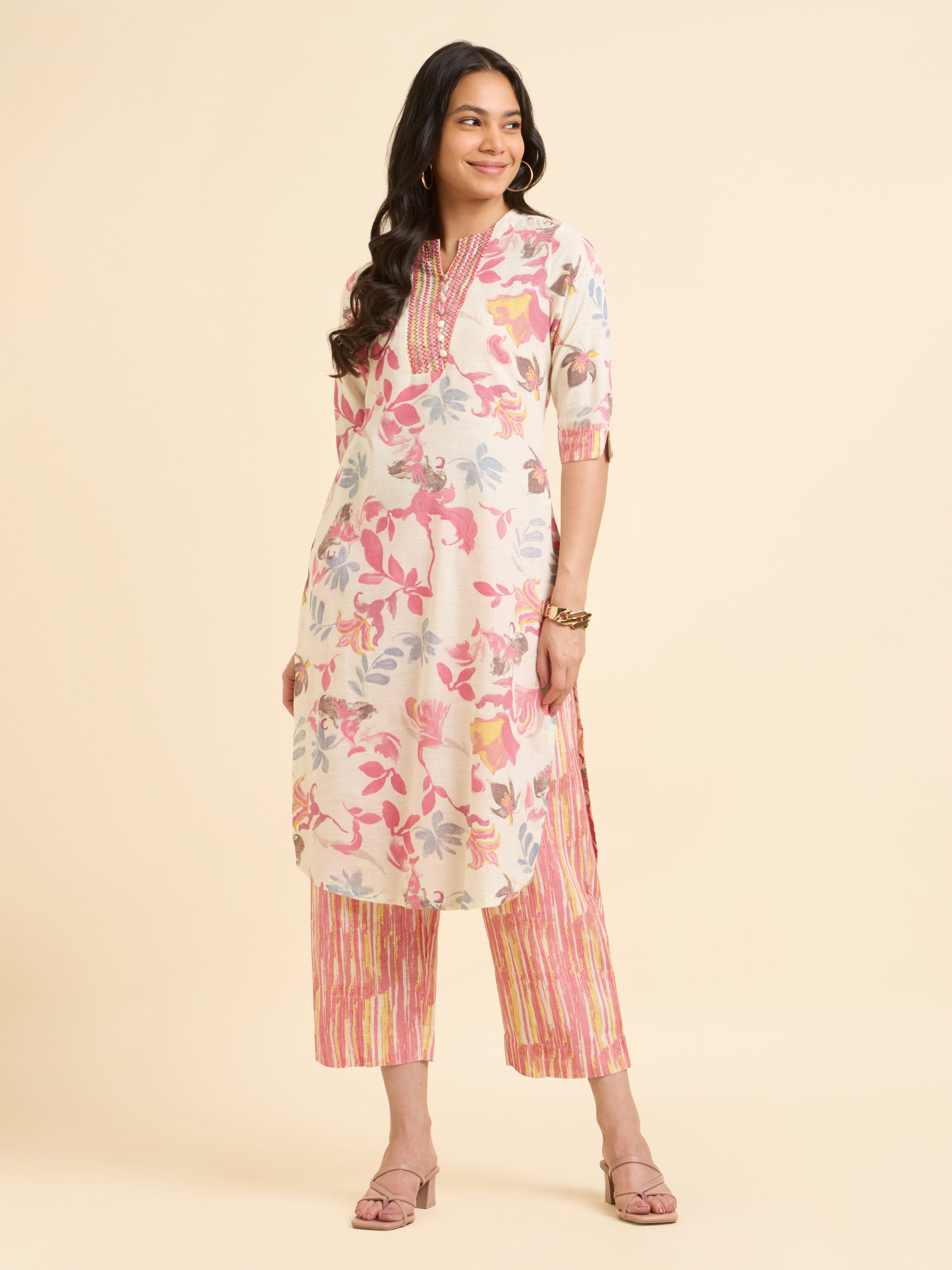 Ivory Multicolour Cotton Flax Slub Printed Slitted Kurti With Embroidery And Sequins Work