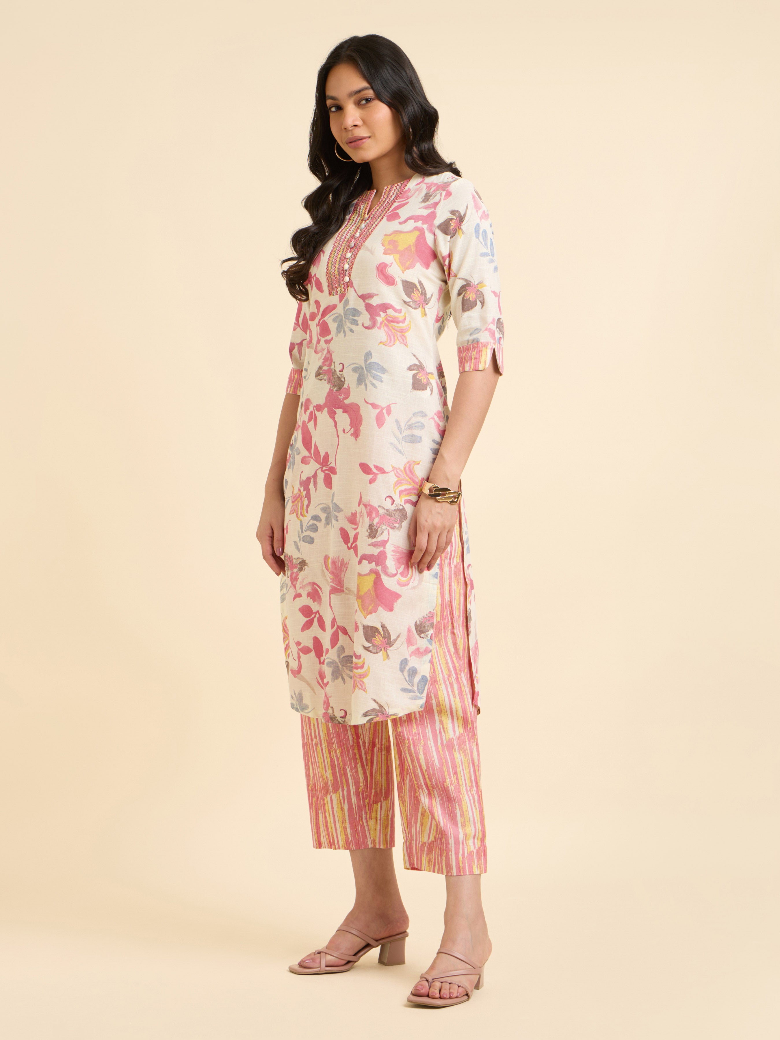 Ivory Multicolour Cotton Flax Slub Printed Slitted Kurti With Embroidery And Sequins Work
