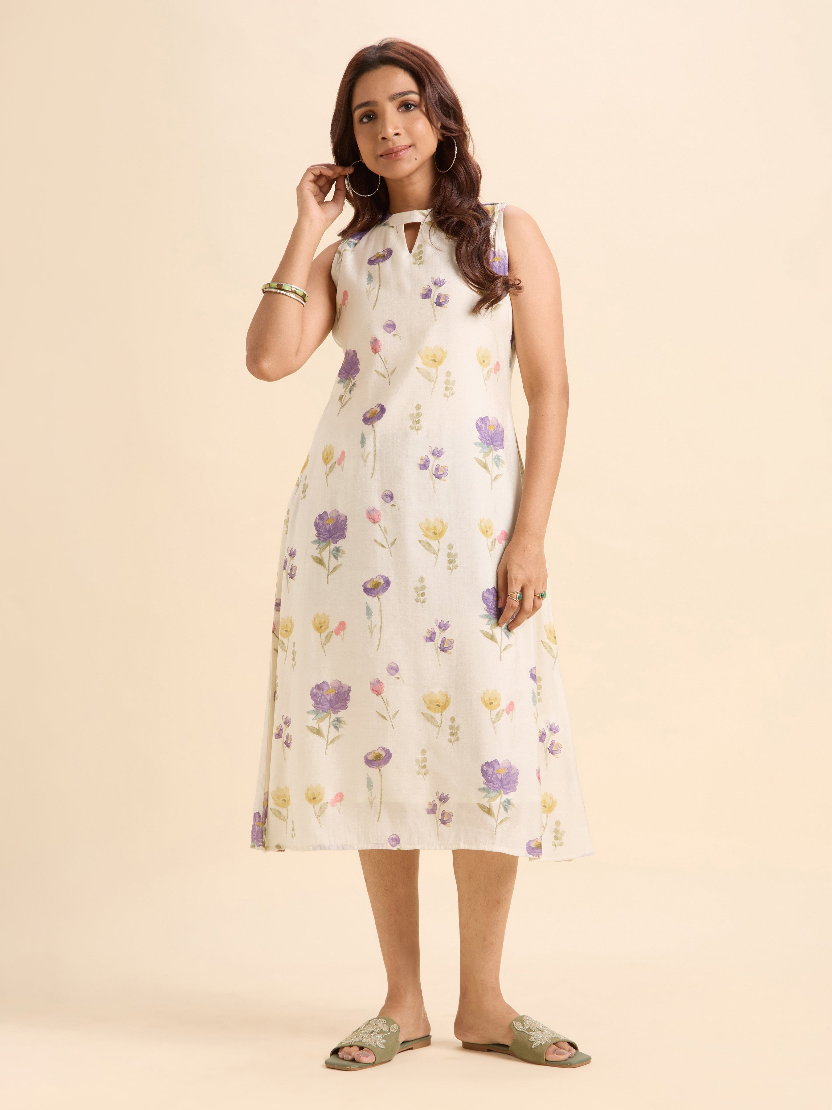 Ivory Multi Colour Modal Chanderi Flared Kurti