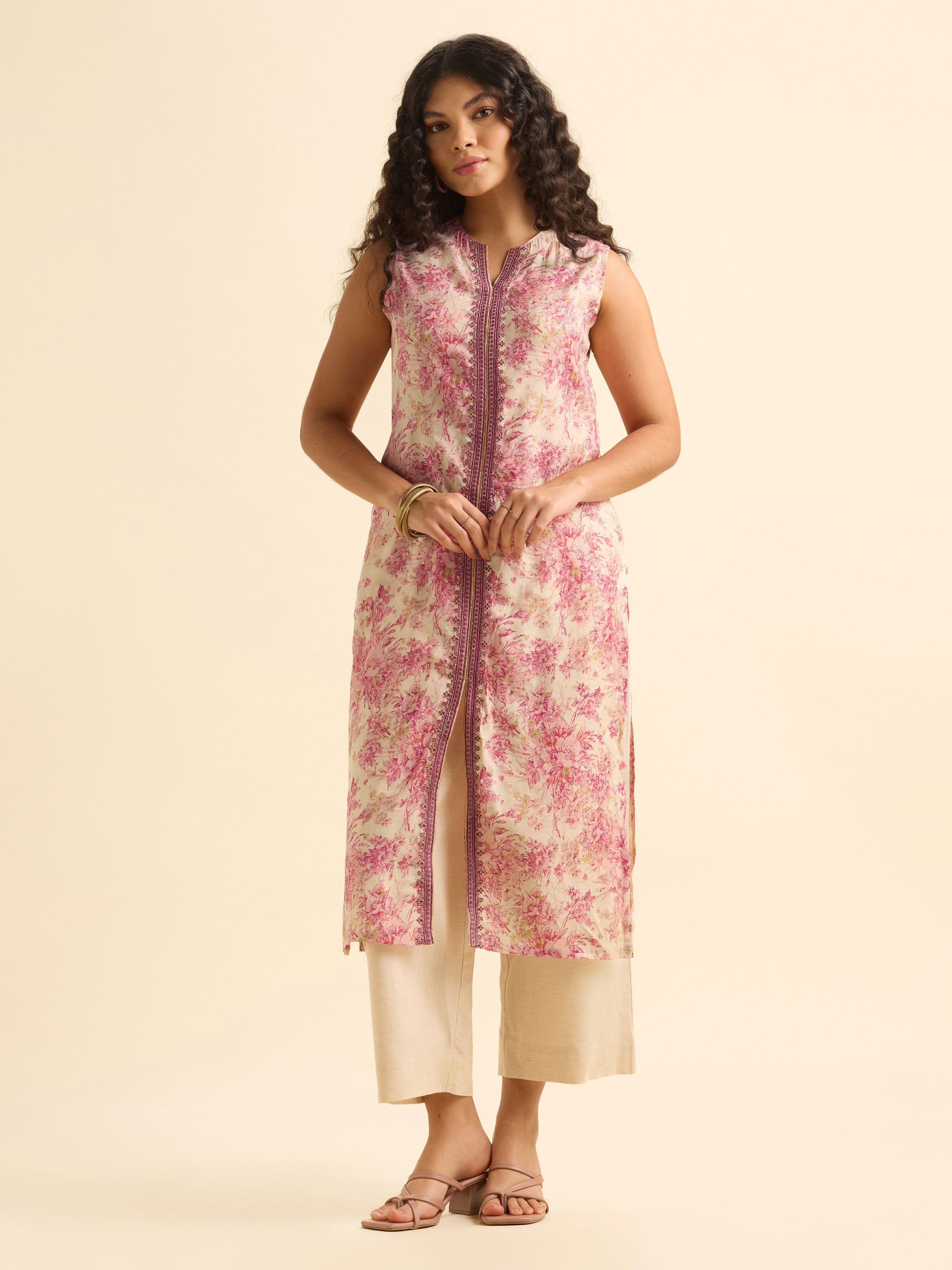 Ivory Multi Colour Modal Chanderi Printed Slitted Kurti With Embroidery