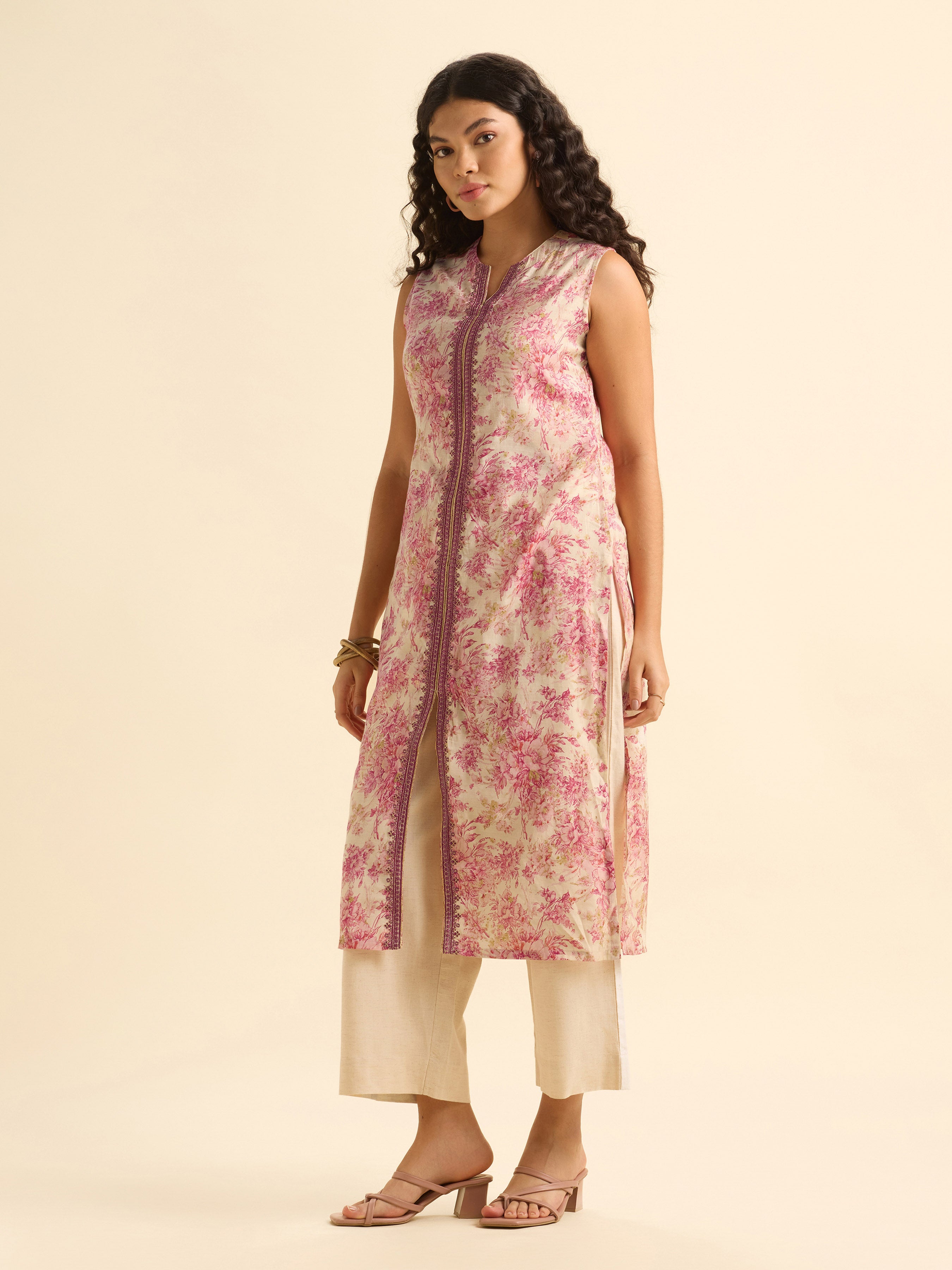 Ivory Multi Colour Modal Chanderi Printed Slitted Kurti With Embroidery