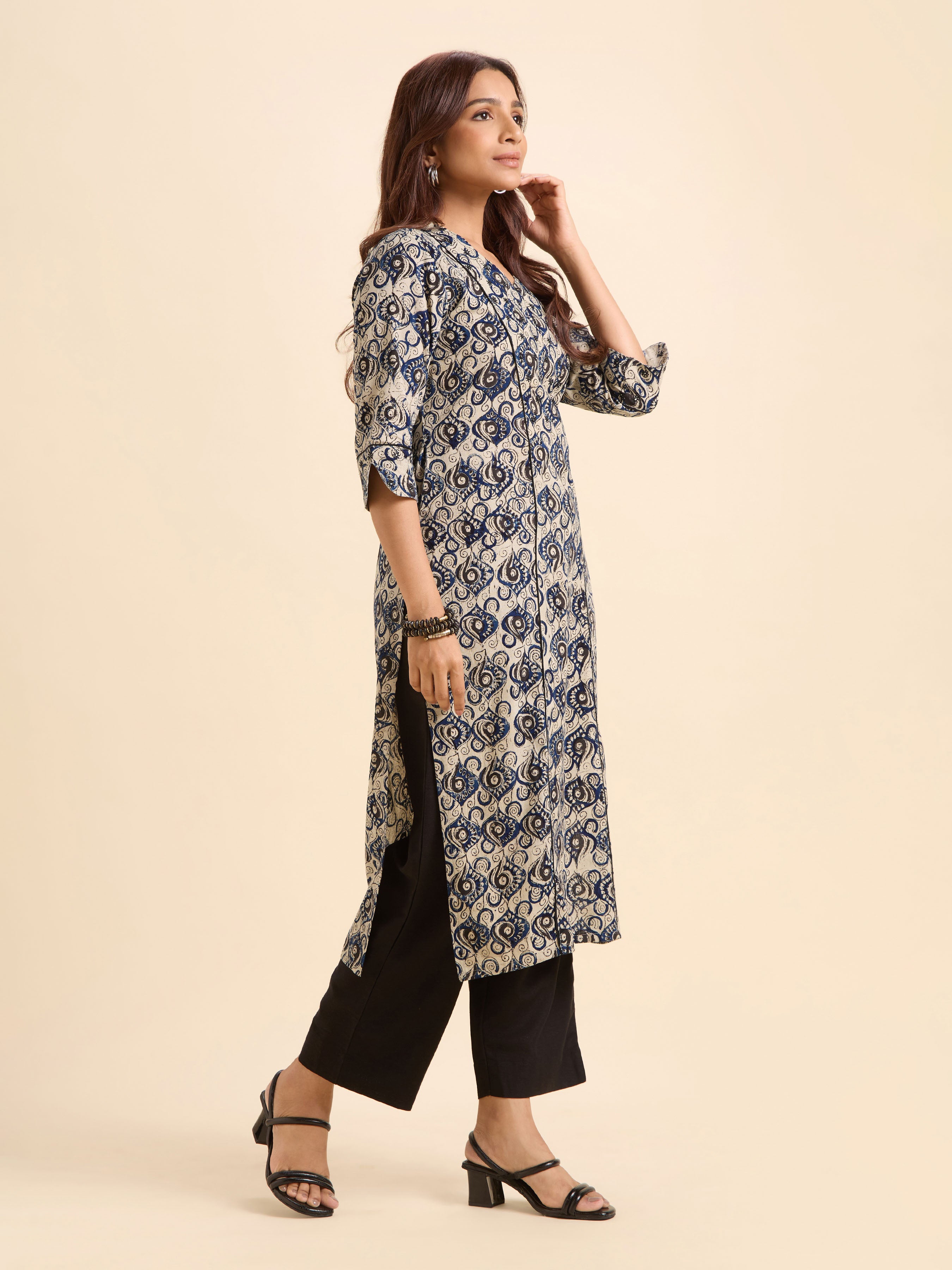 Ivory Multi Colour Pure Cotton Printed Slitted Kurti Embroidery And Mirror Work