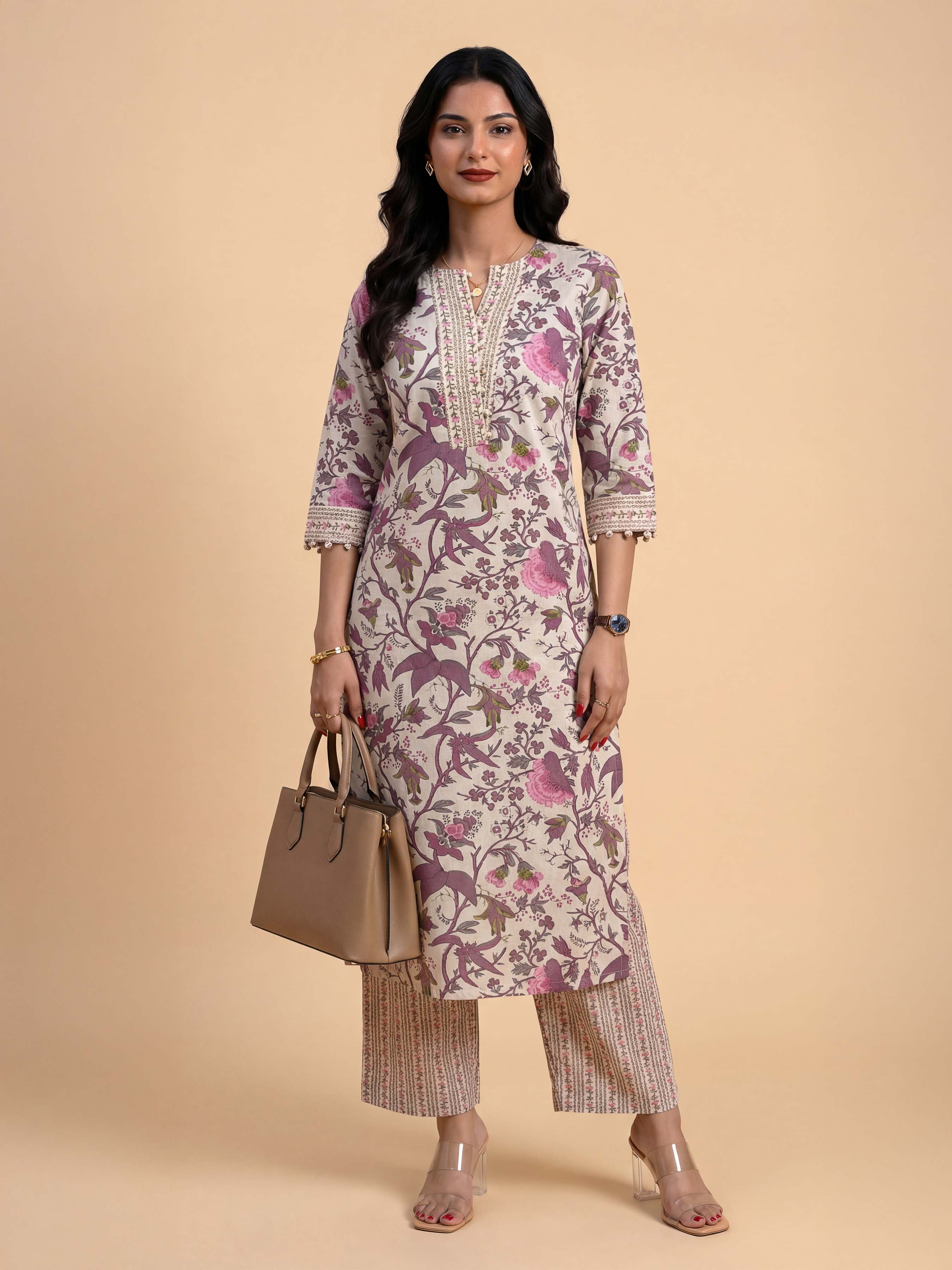 Ivory And Muti Colour Cotton Flax Printed Kurti Set