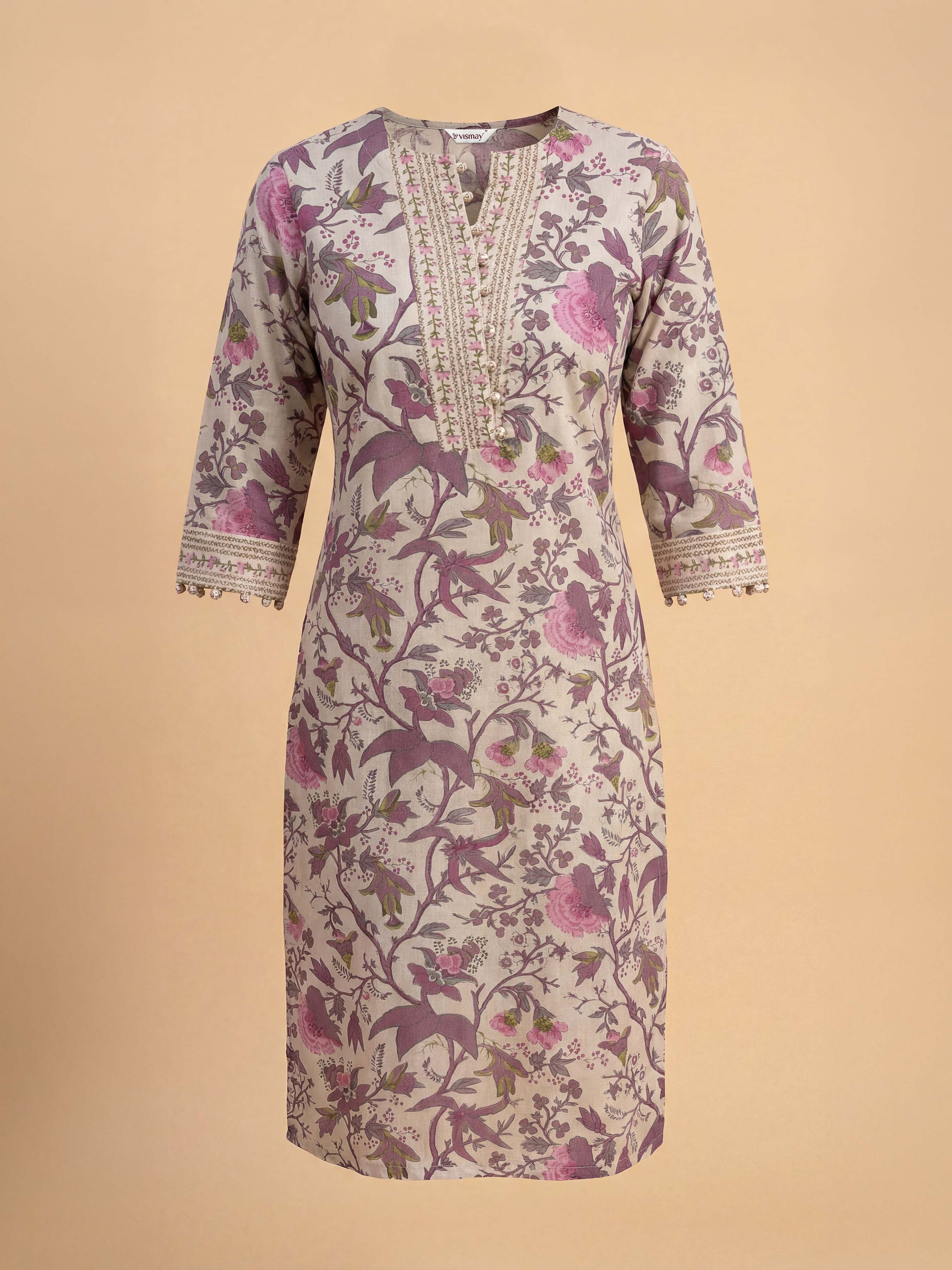 Ivory And Muti Colour Cotton Flax Printed Kurti Set