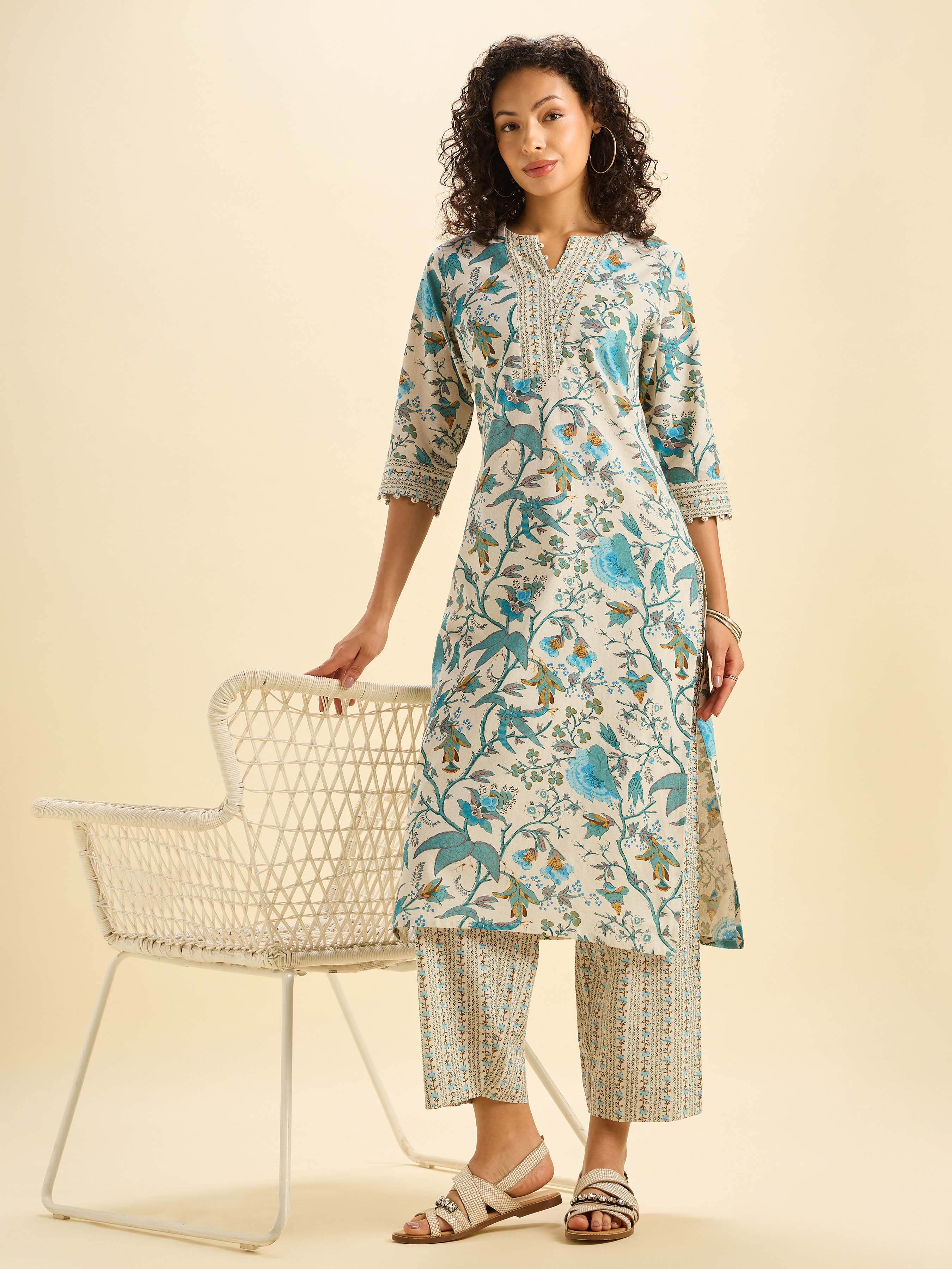 Ivory And Muti Colour Cotton Flax Printed Kurti Set