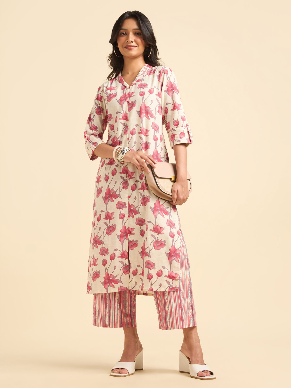 Ivory Pink Cotton Linen Printed Slitted Kurti Set