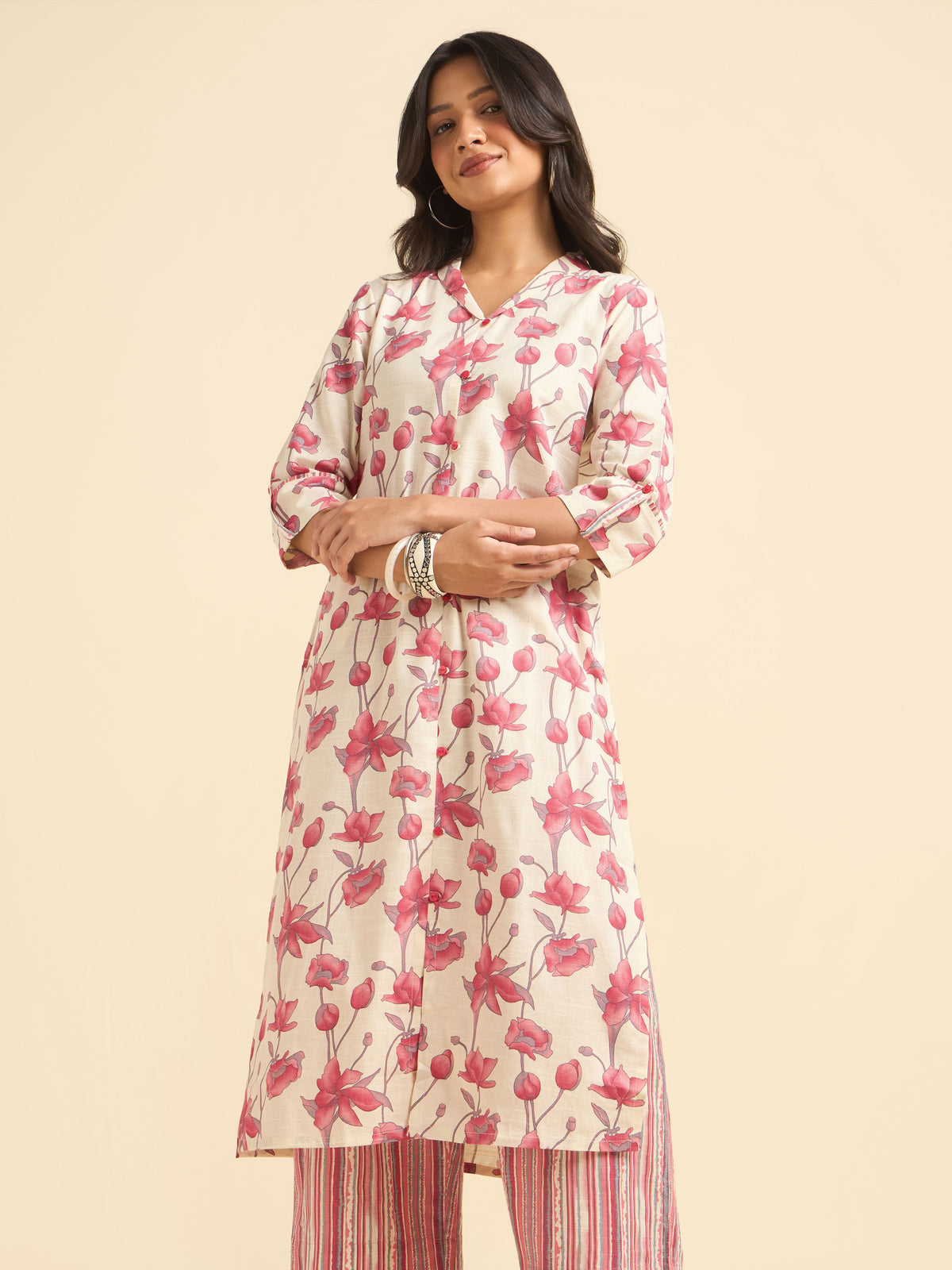 Ivory Pink Cotton Linen Printed Slitted Kurti Set