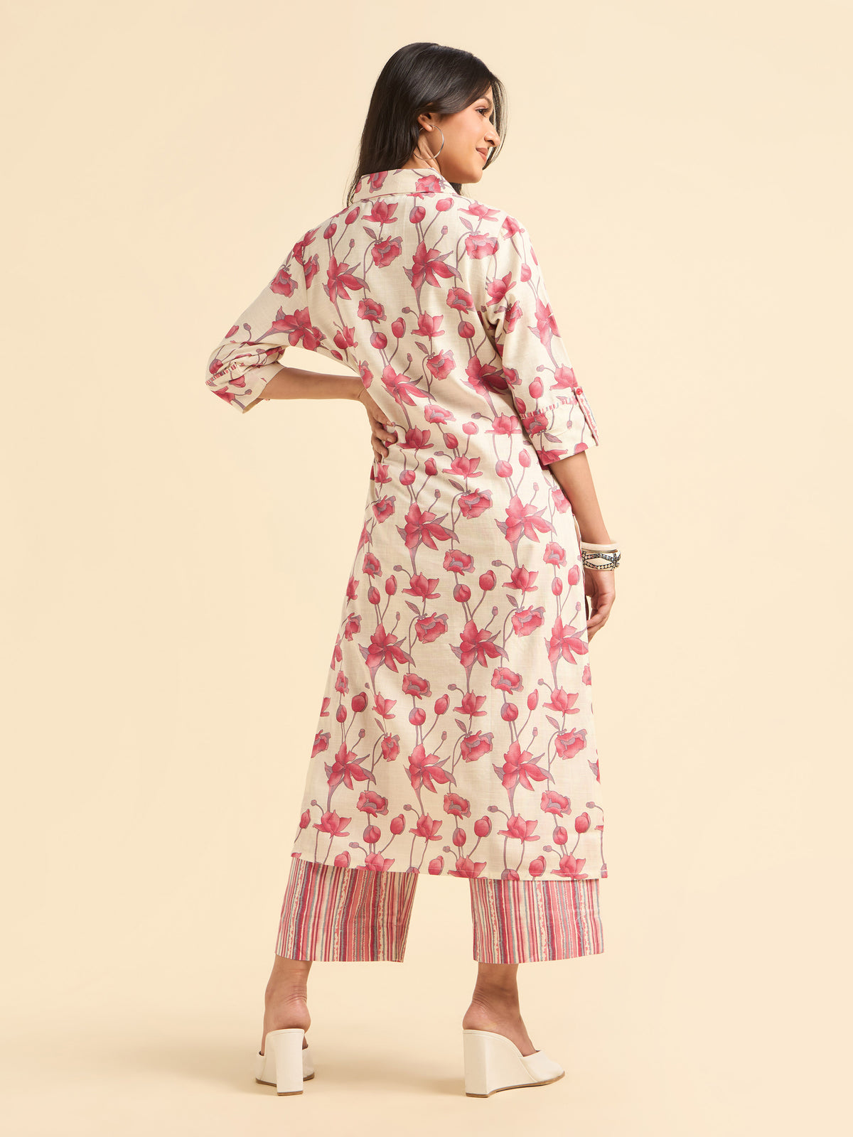 Ivory Pink Cotton Linen Printed Slitted Kurti Set