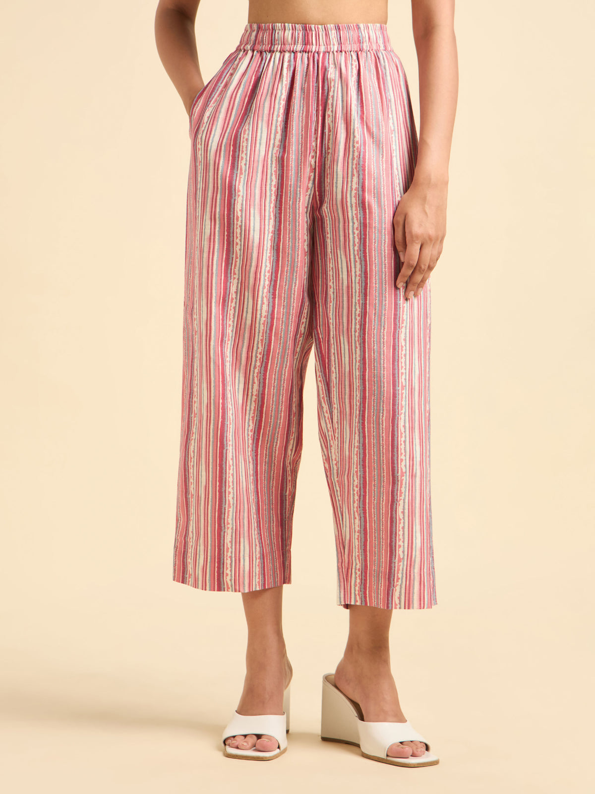 Ivory Pink Cotton Linen Printed Slitted Kurti Set