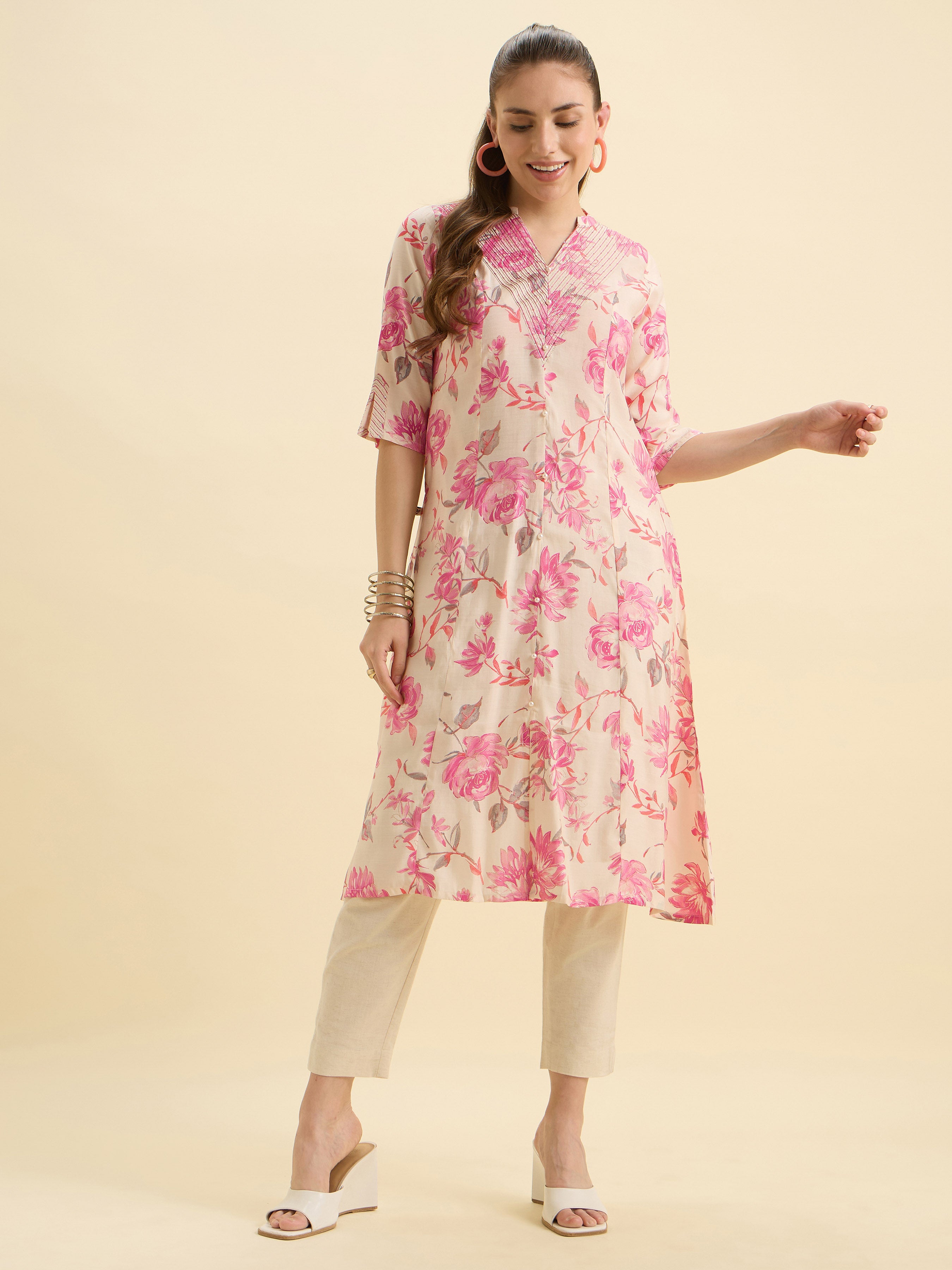 Ivory Pink Modal Chanderi Printed Flared Kurti With Sequence Embroidery