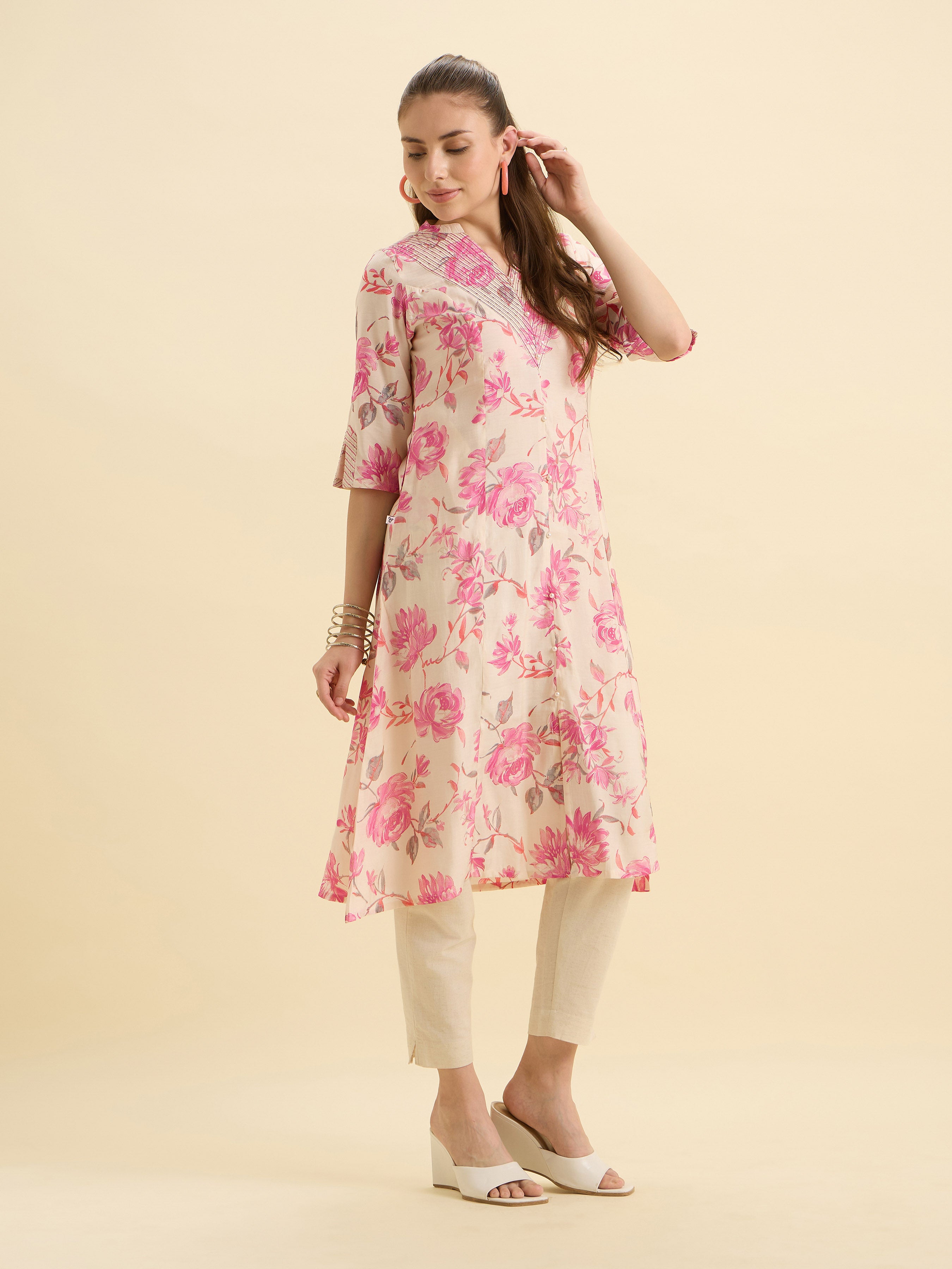 Ivory Pink Modal Chanderi Printed Flared Kurti With Sequence Embroidery