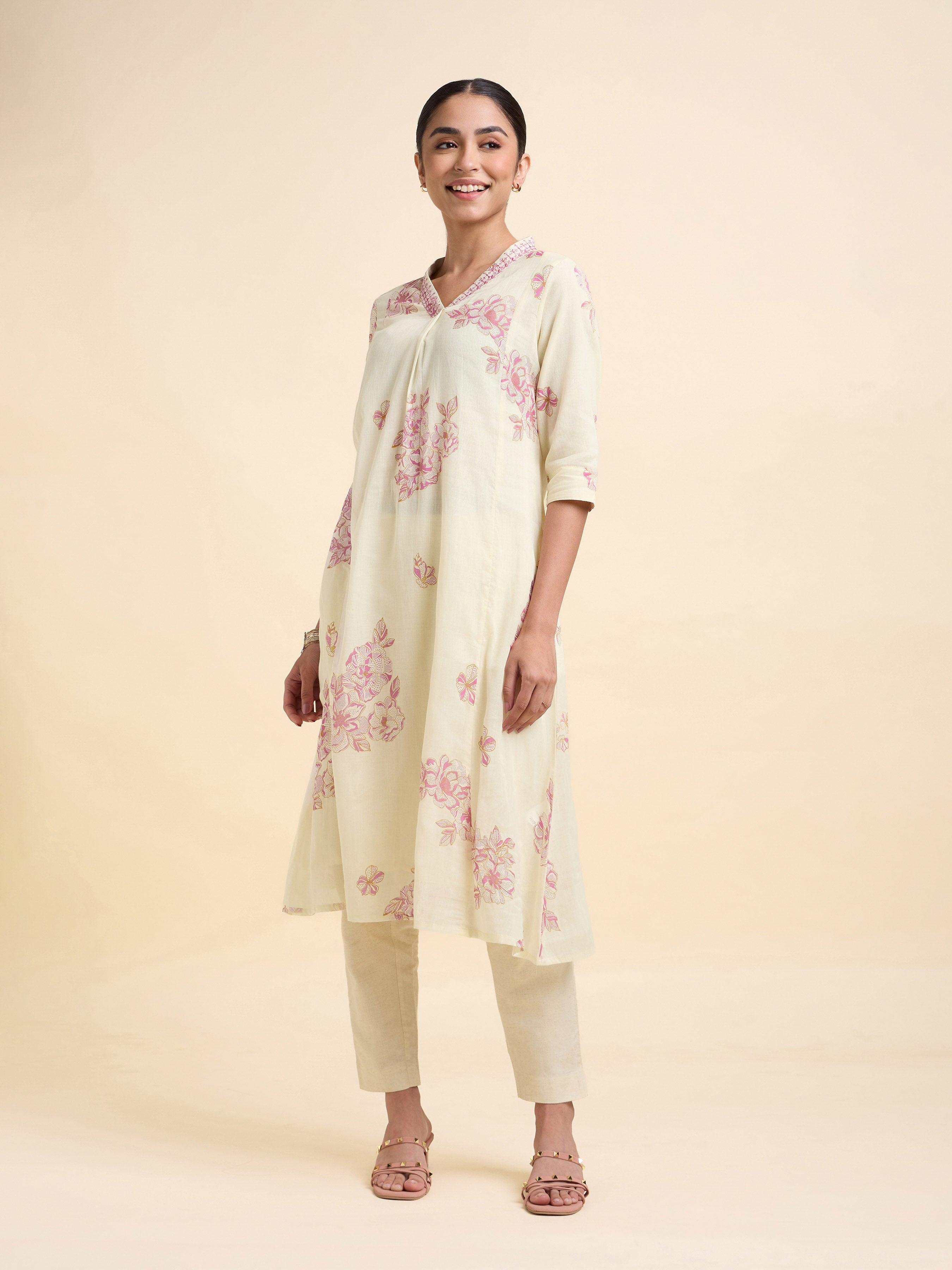 Ivory Pink Pure Cotton Printed Flared Kurti With Embroidery Sequins Work