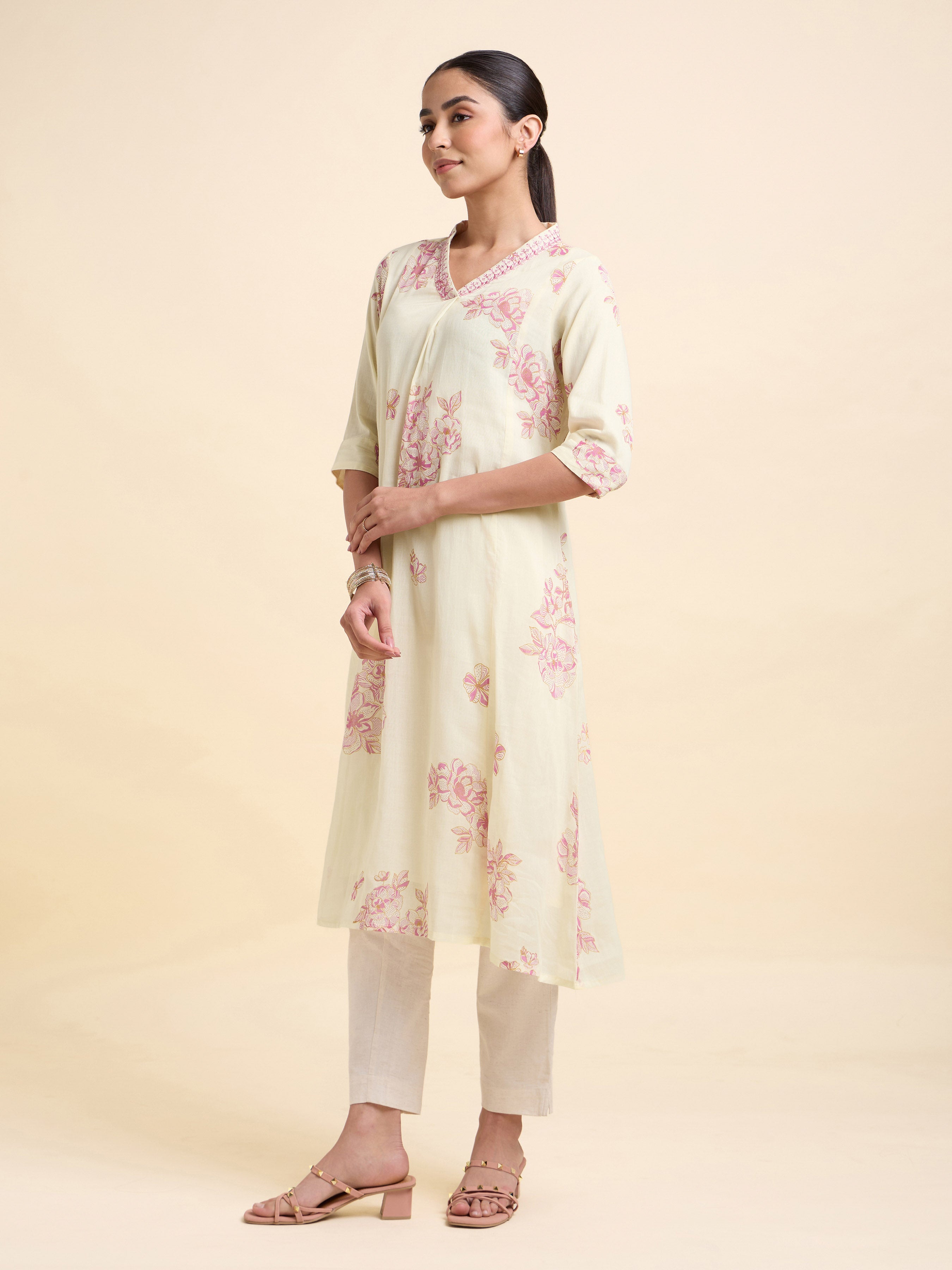 Ivory Pink Pure Cotton Printed Flared Kurti With Embroidery Sequins Work