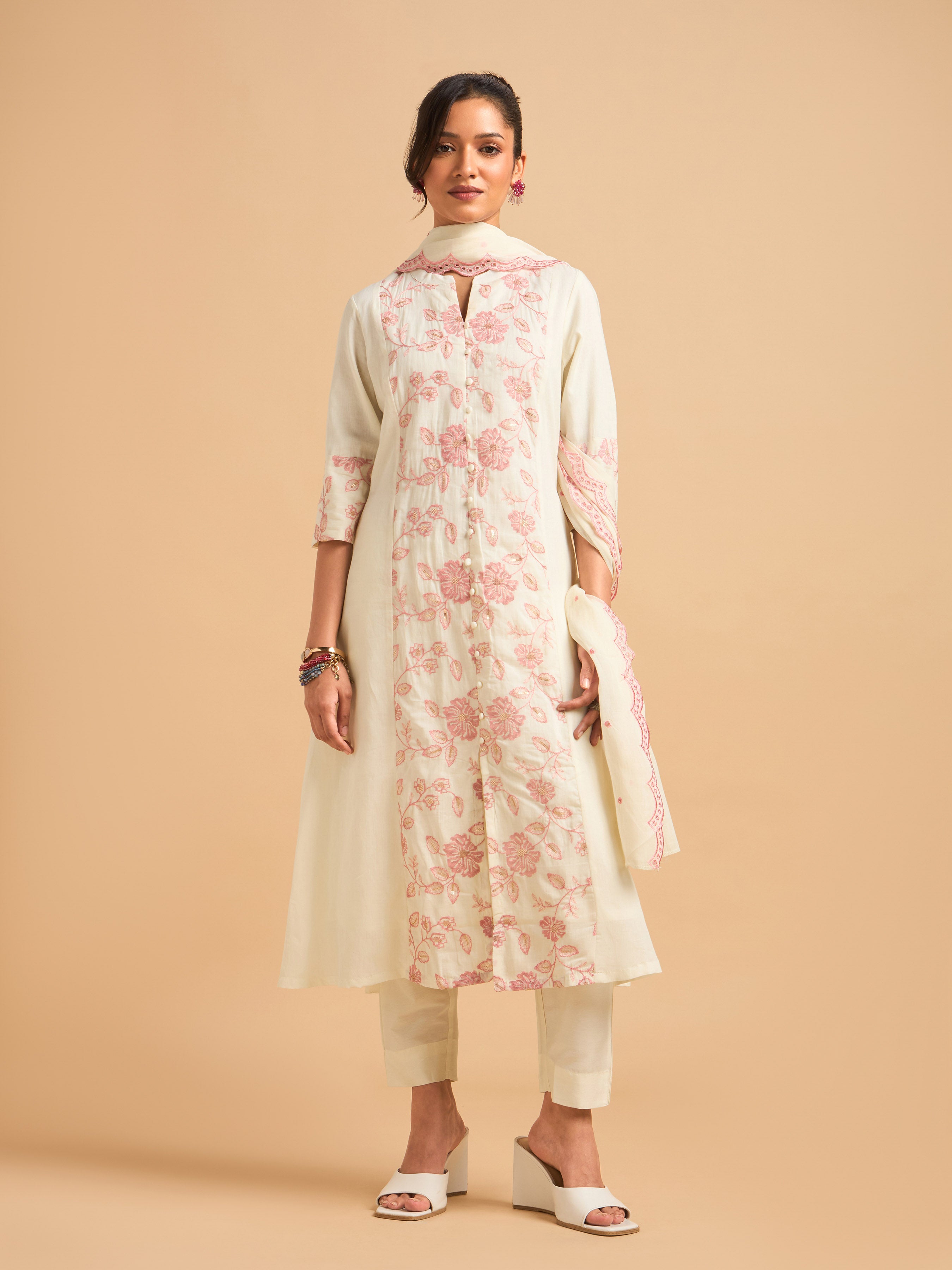 Ivory Pink Pure Cotton Plain Flared Kurti Set With Sequins Embroidery And Dupatta