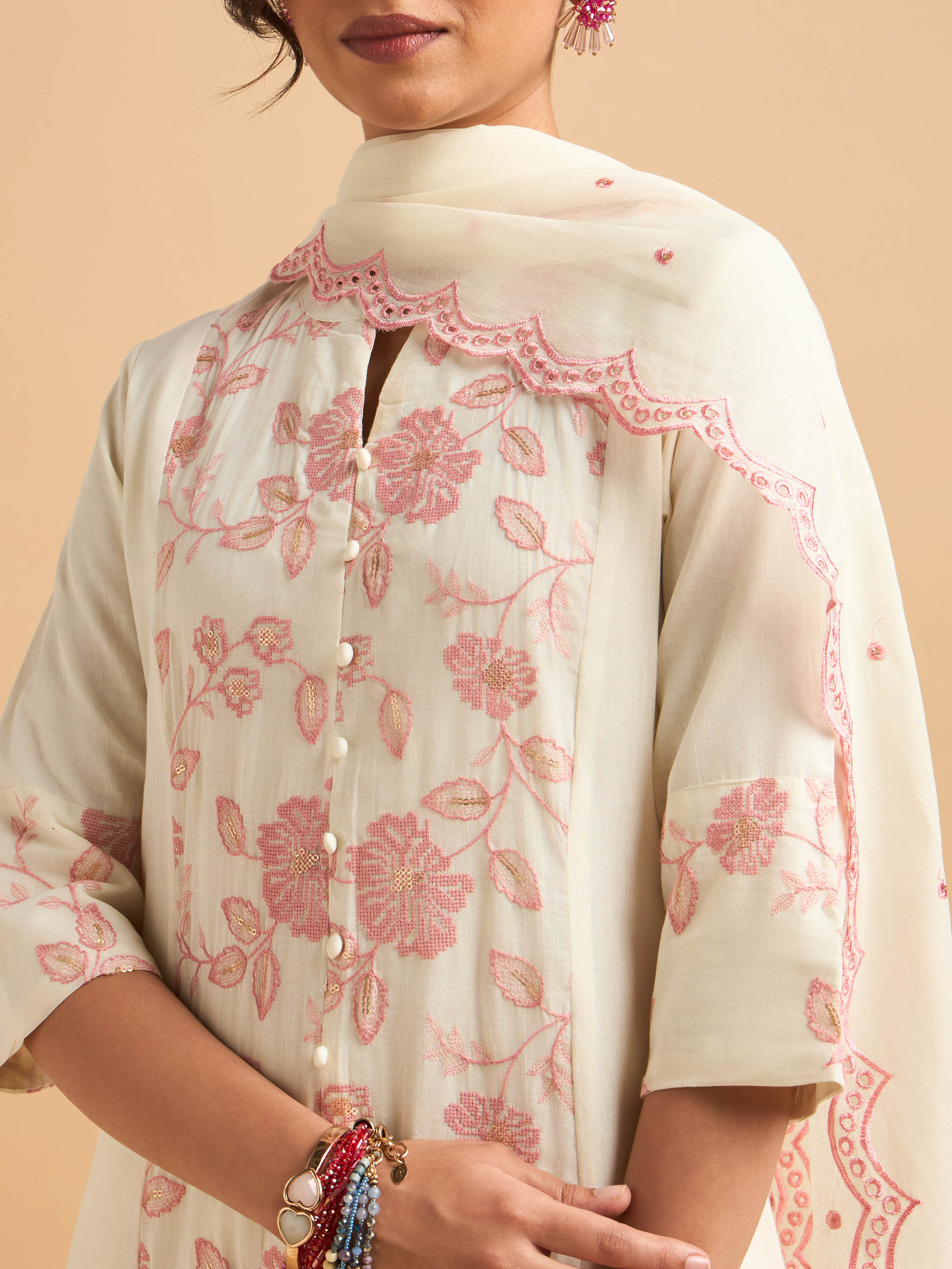Ivory Pink Pure Cotton Plain Flared Kurti Set With Sequins Embroidery And Dupatta
