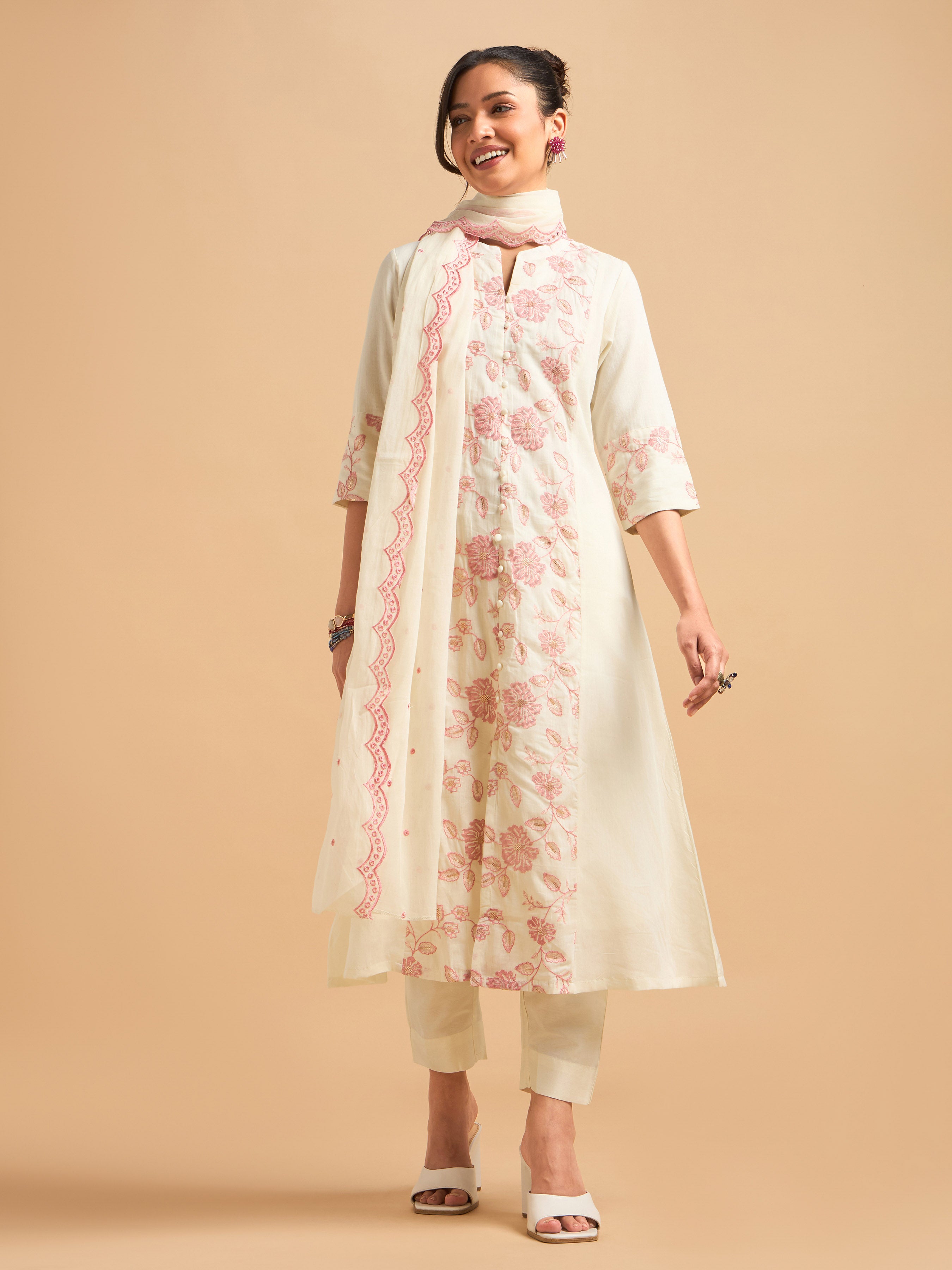 Ivory Pink Pure Cotton Plain Flared Kurti Set With Sequins Embroidery And Dupatta