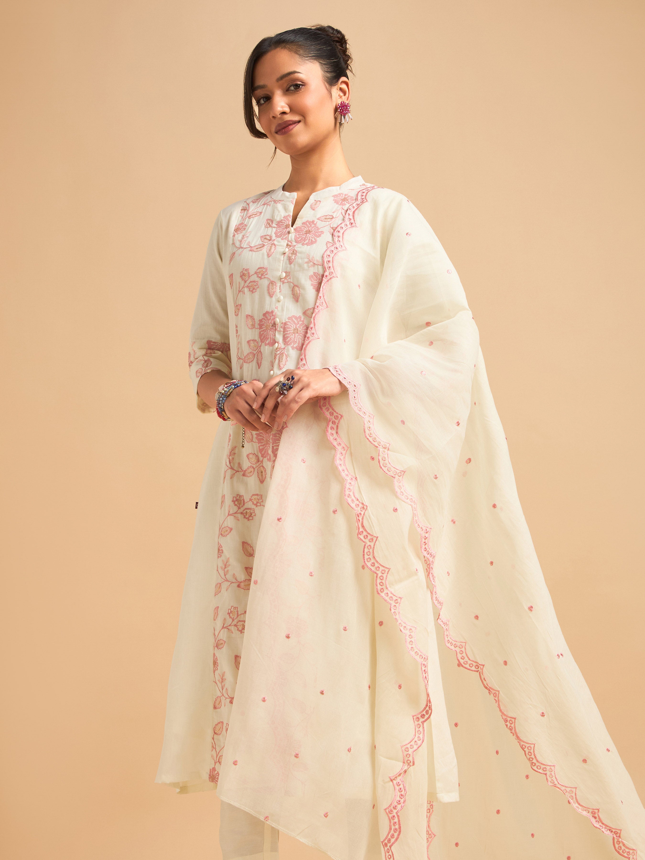 Ivory Pink Pure Cotton Plain Flared Kurti Set With Sequins Embroidery And Dupatta
