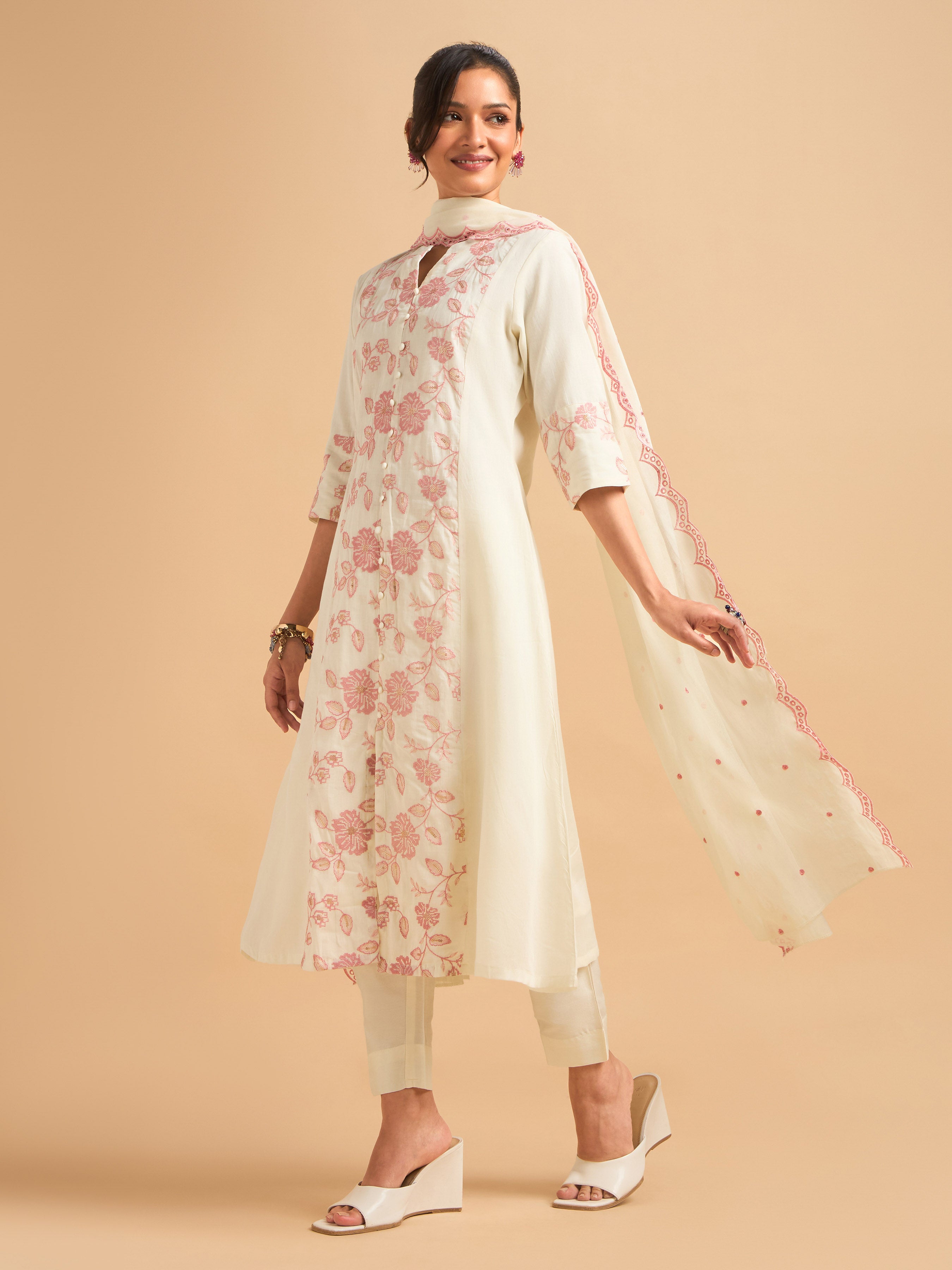 Ivory Pink Pure Cotton Plain Flared Kurti Set With Sequins Embroidery And Dupatta