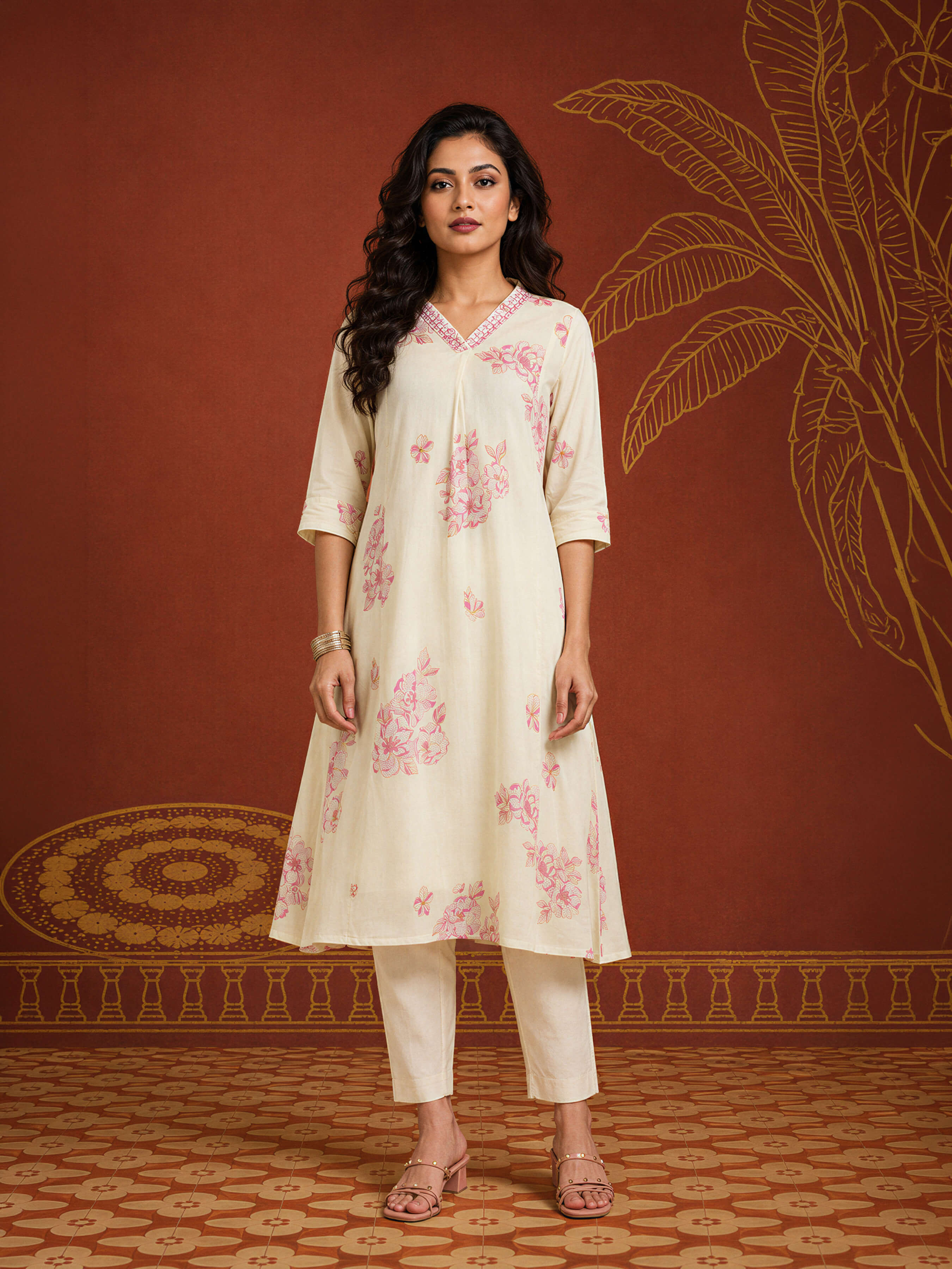 Ivory Pink Pure Cotton Printed Flared Kurti With Embroidery Sequins Work
