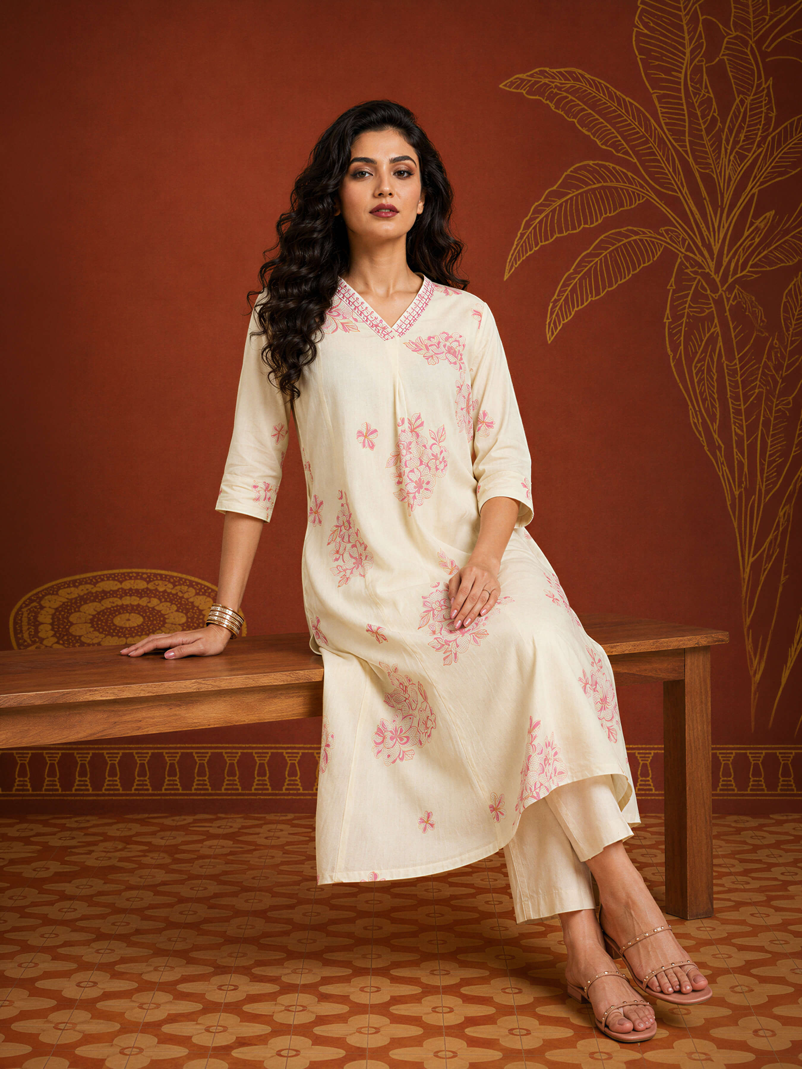 Ivory Pink Pure Cotton Printed Flared Kurti With Embroidery Sequins Work