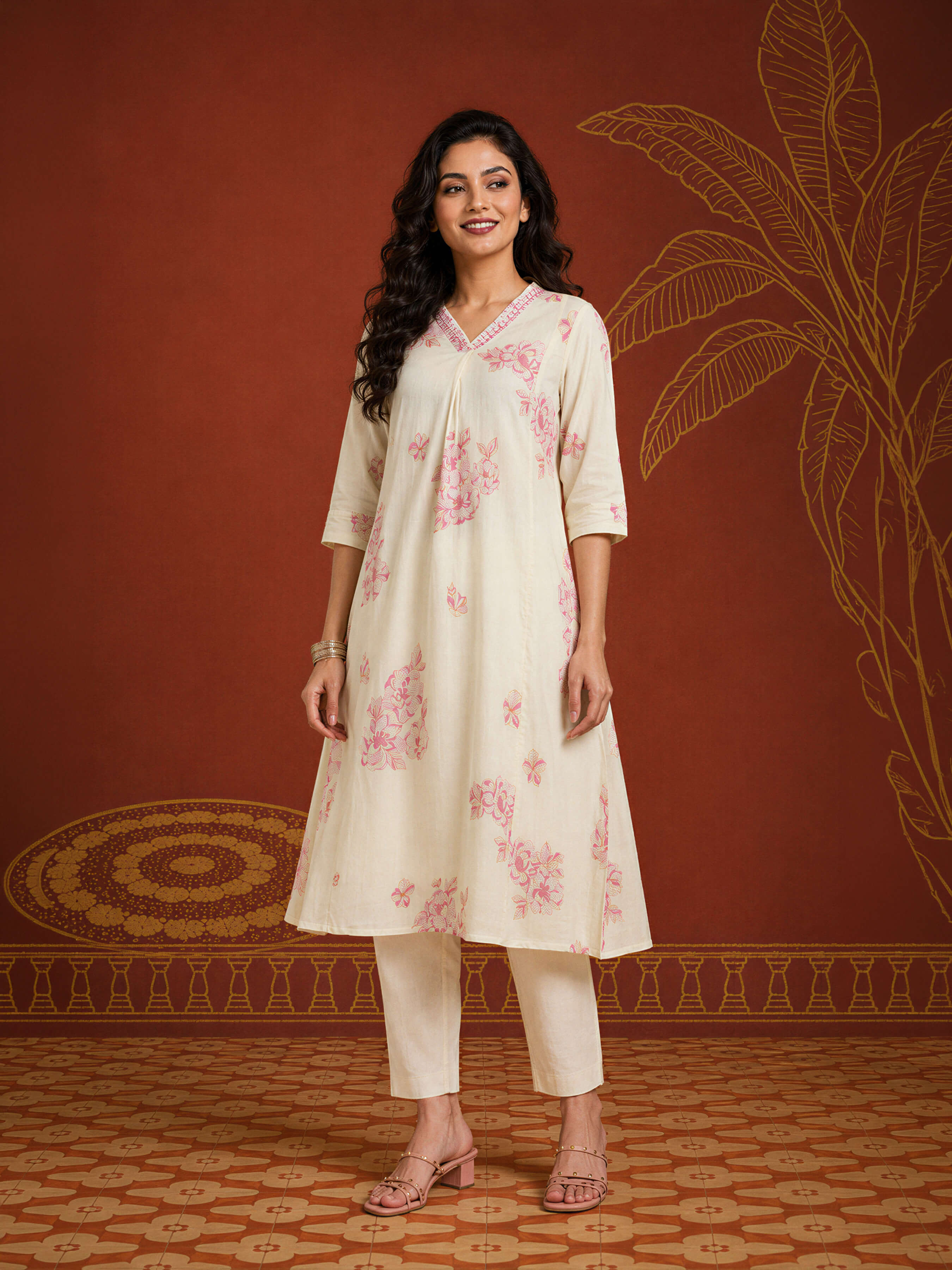 Ivory Pink Pure Cotton Printed Flared Kurti With Embroidery Sequins Work