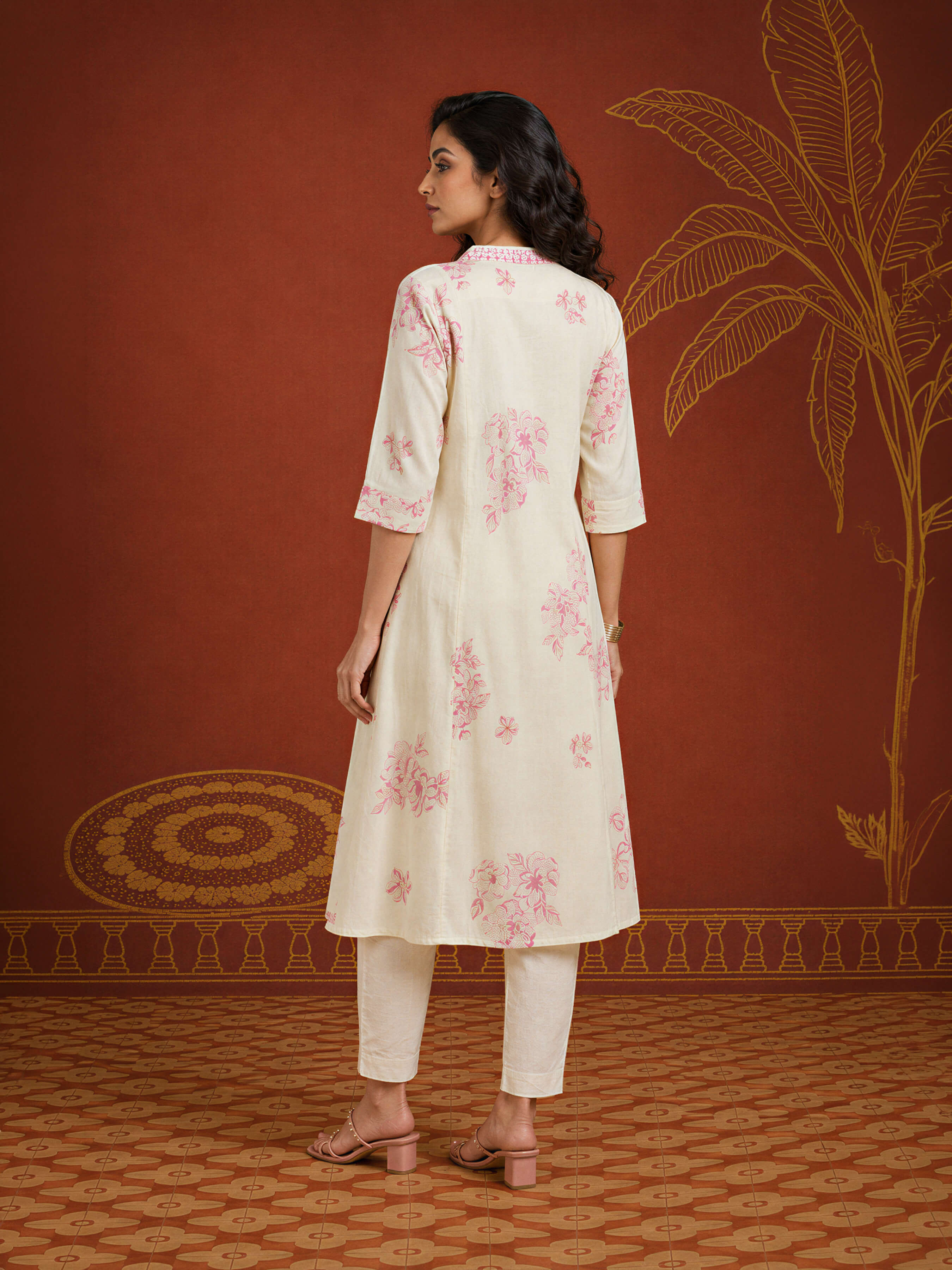 Ivory Pink Pure Cotton Printed Flared Kurti With Embroidery Sequins Work