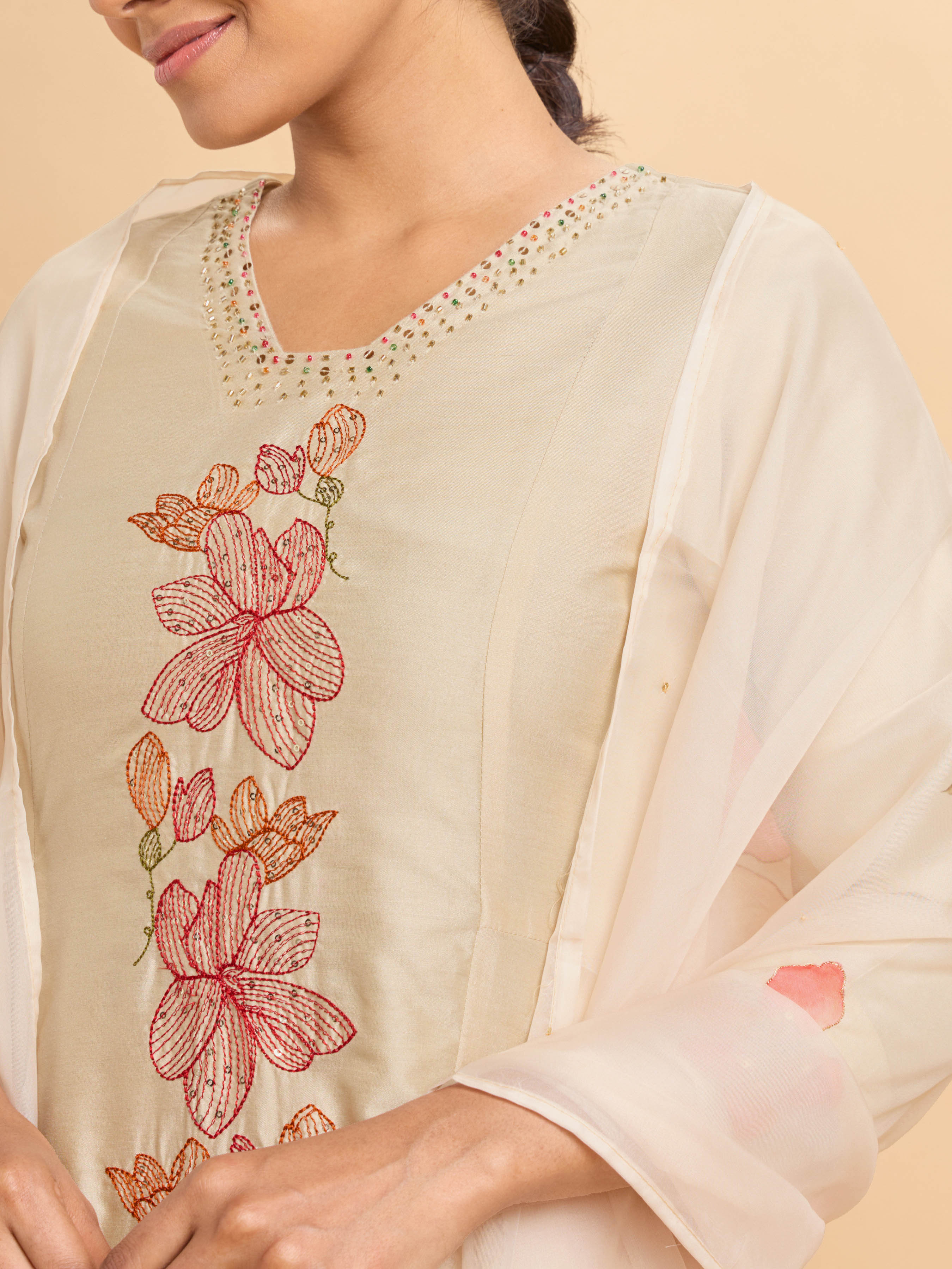 Ivory Viscose Plain Flared Centre Panel Embroideried Kurti Set With Dupatta