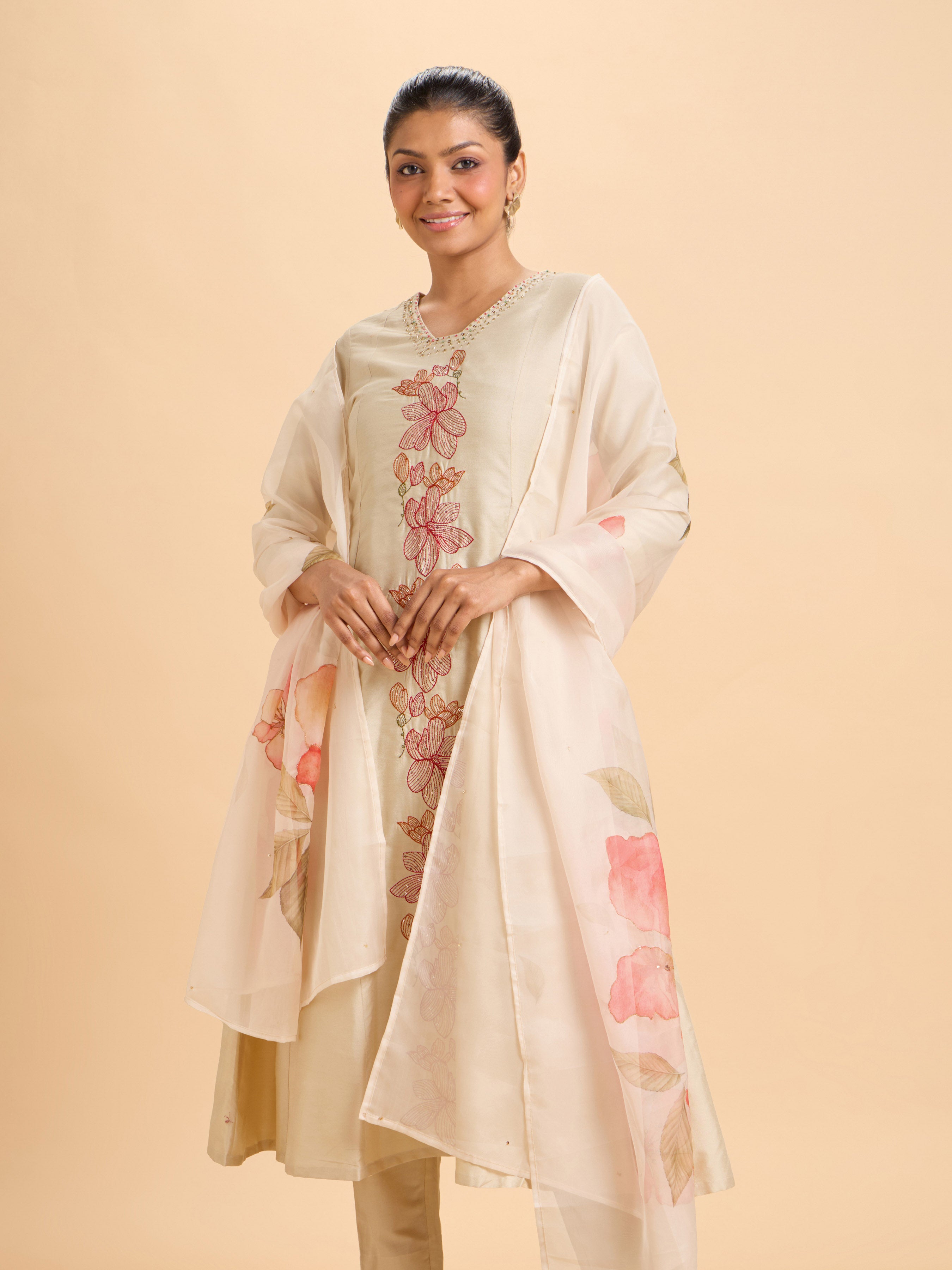 Ivory Viscose Plain Flared Centre Panel Embroideried Kurti Set With Dupatta