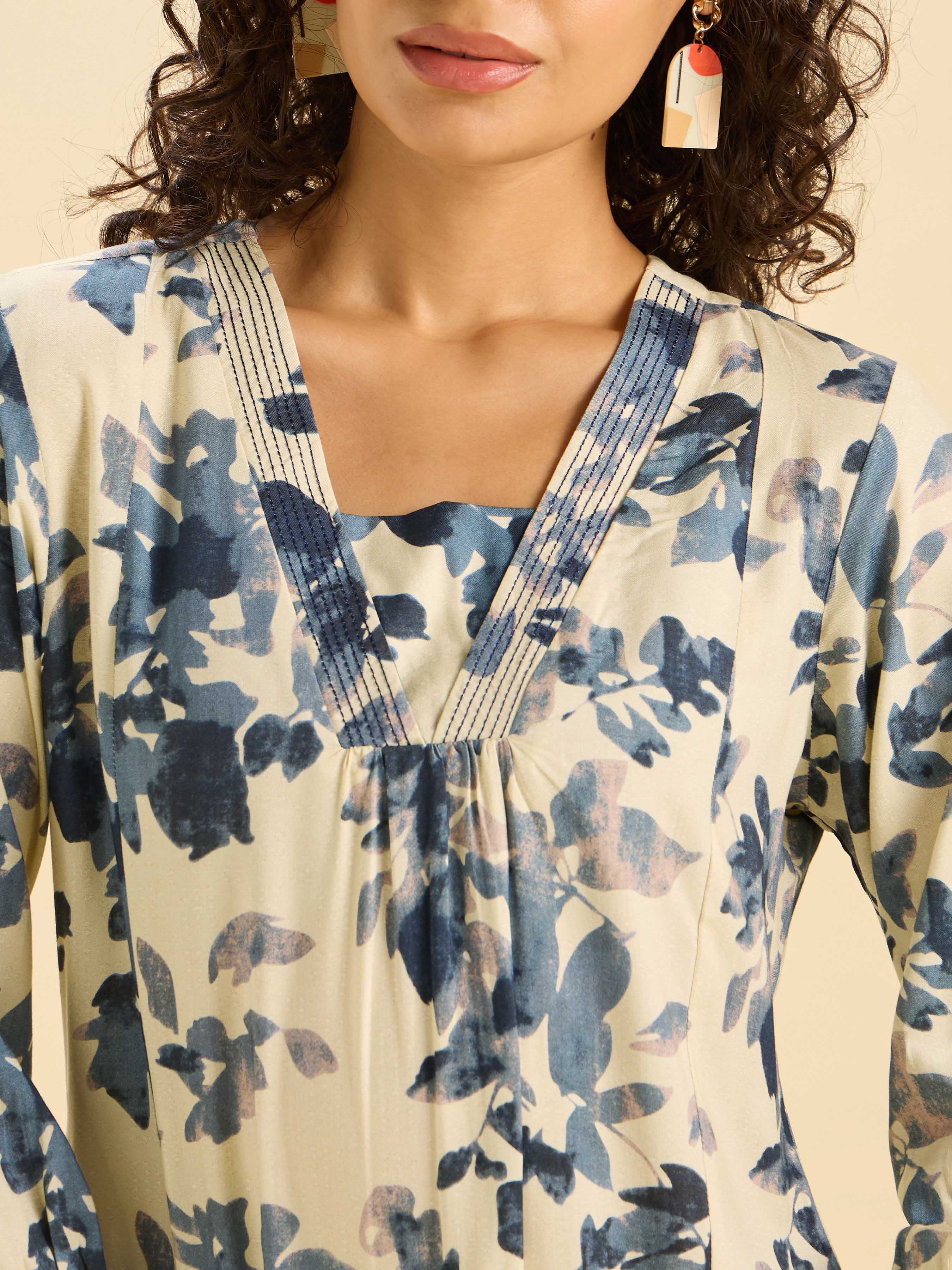 Ivory Viscose Printed Flared Kurti With Box Pleat