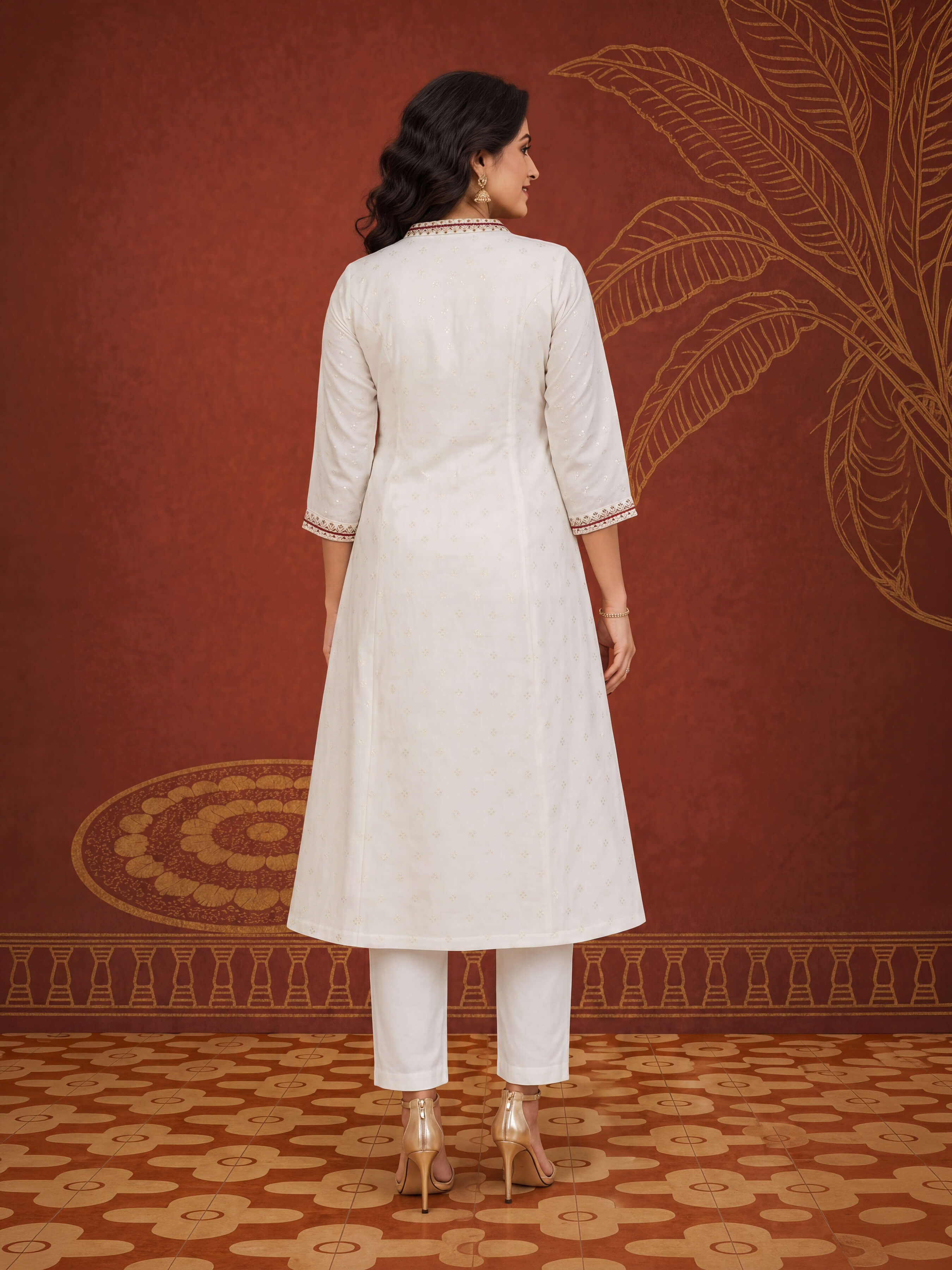 Ivory Viscose Shimmer Plain Flared Princess Cut Kurti With Sequence Work Embroidery
