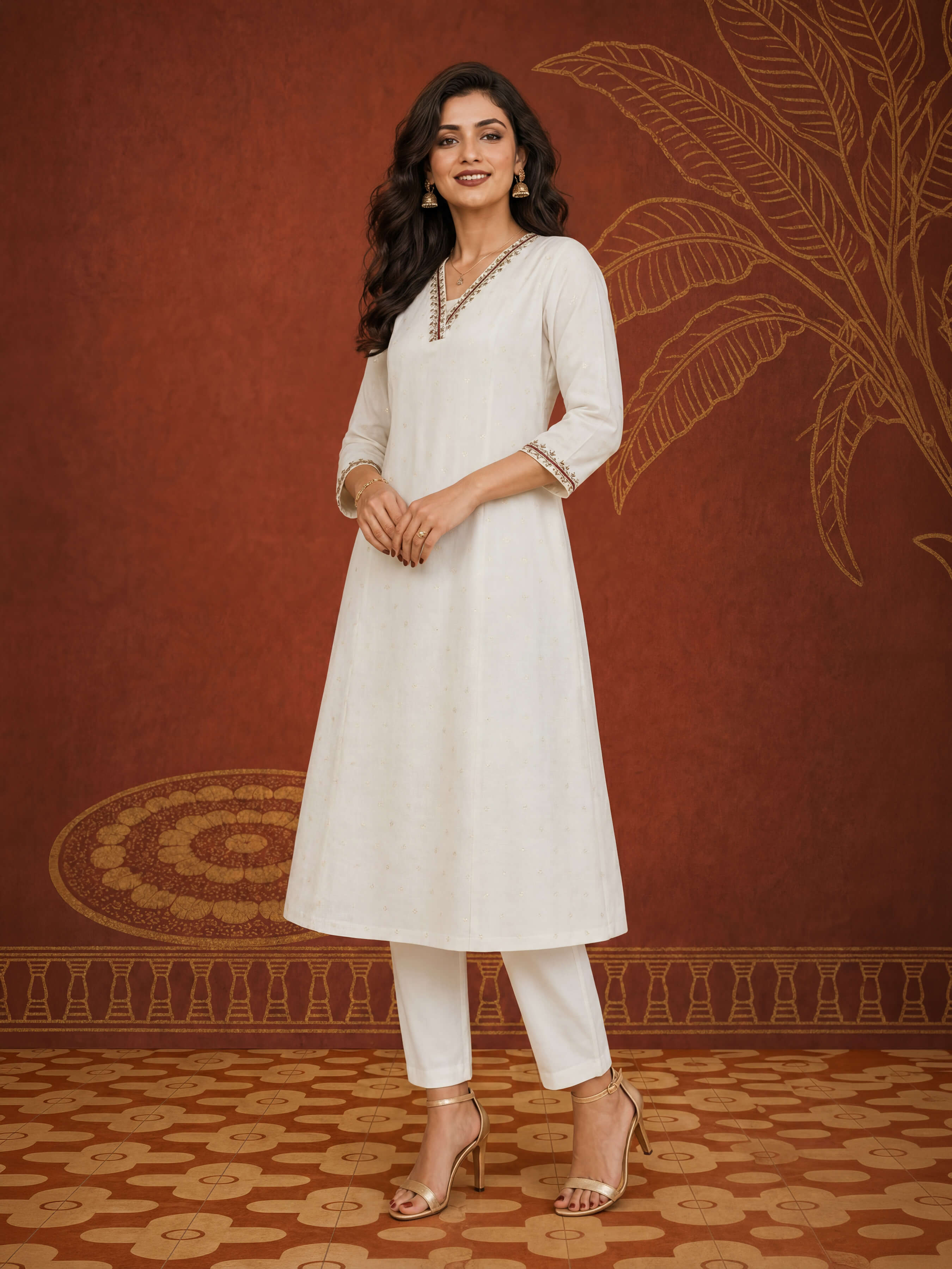Ivory Viscose Shimmer Plain Flared Princess Cut Kurti With Sequence Work Embroidery