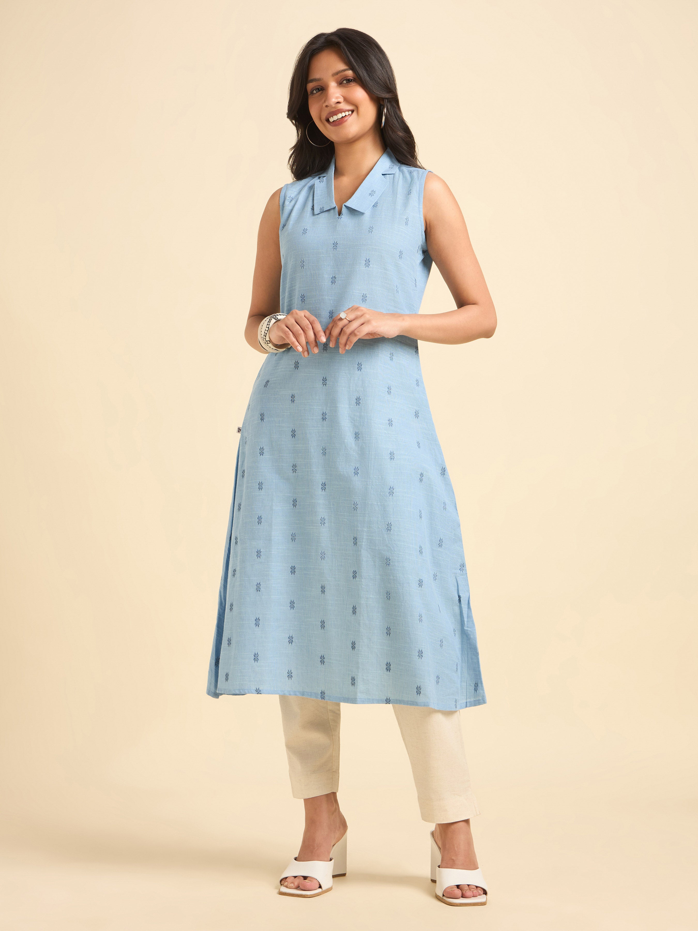 Light Blue Cotton Dobby Plain Flared Kurti