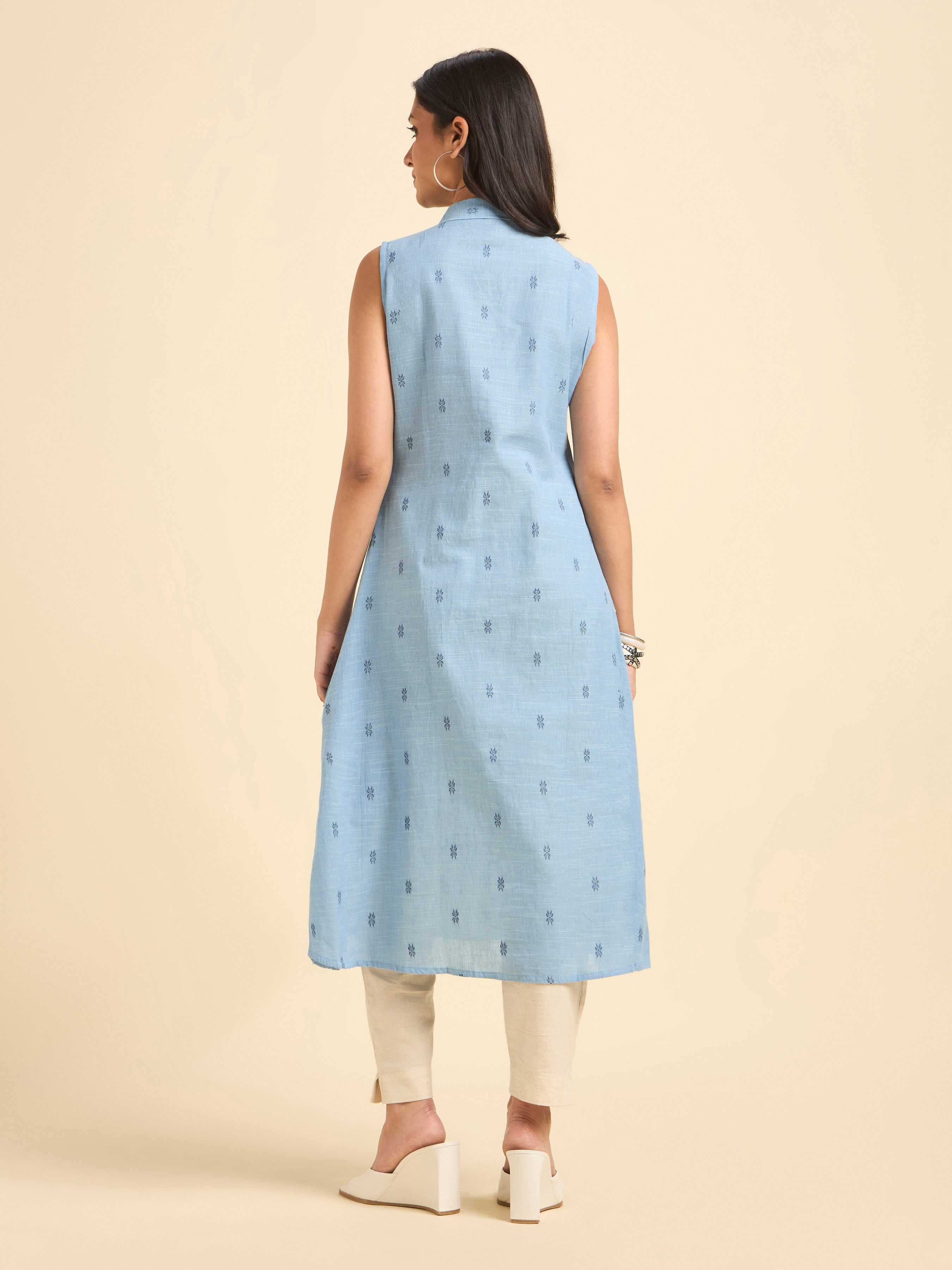 Light Blue Cotton Dobby Plain Flared Kurti