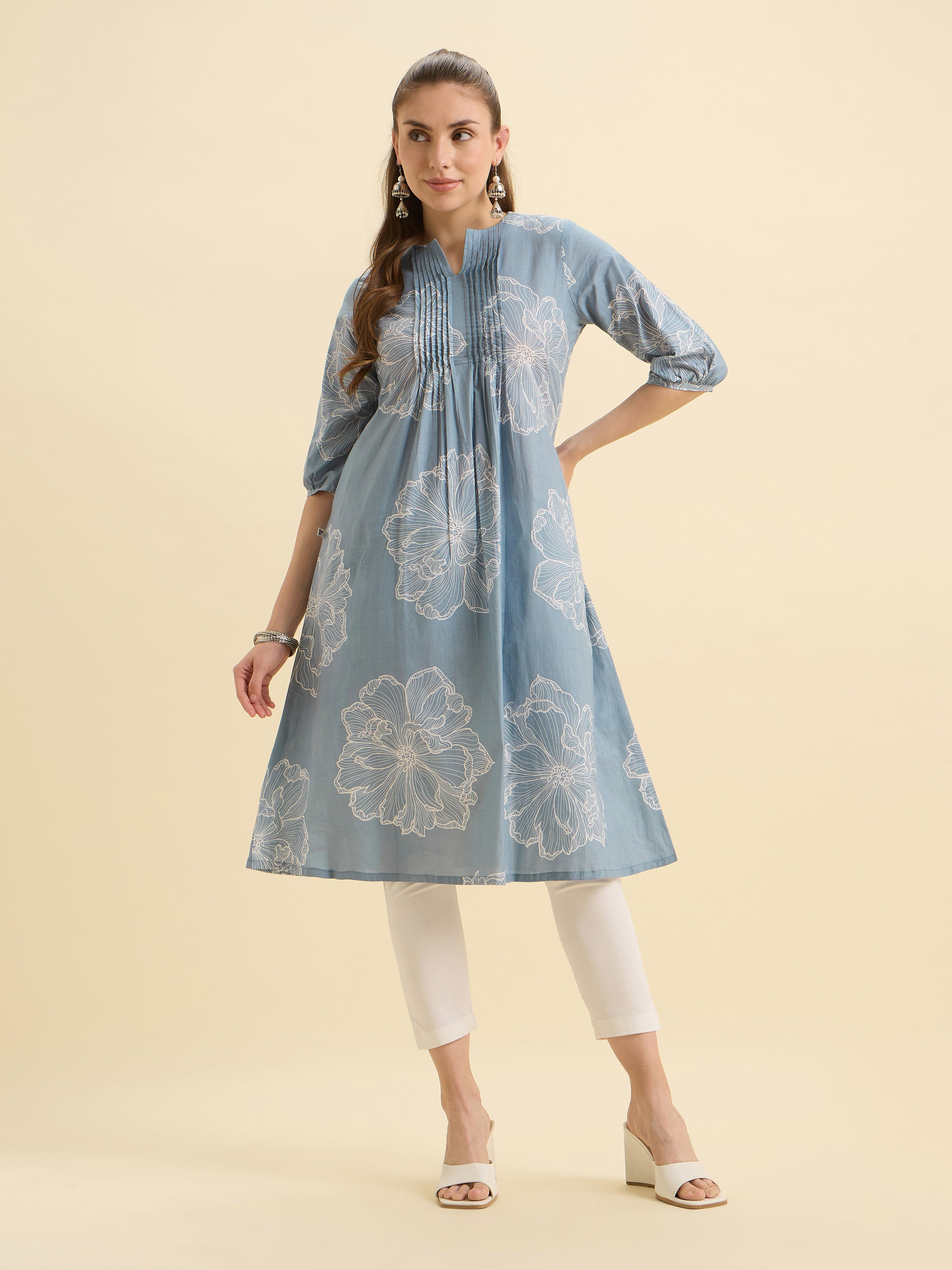 Light Blue White Colour Pure Cotton Flared Printed Kurti With Pleats