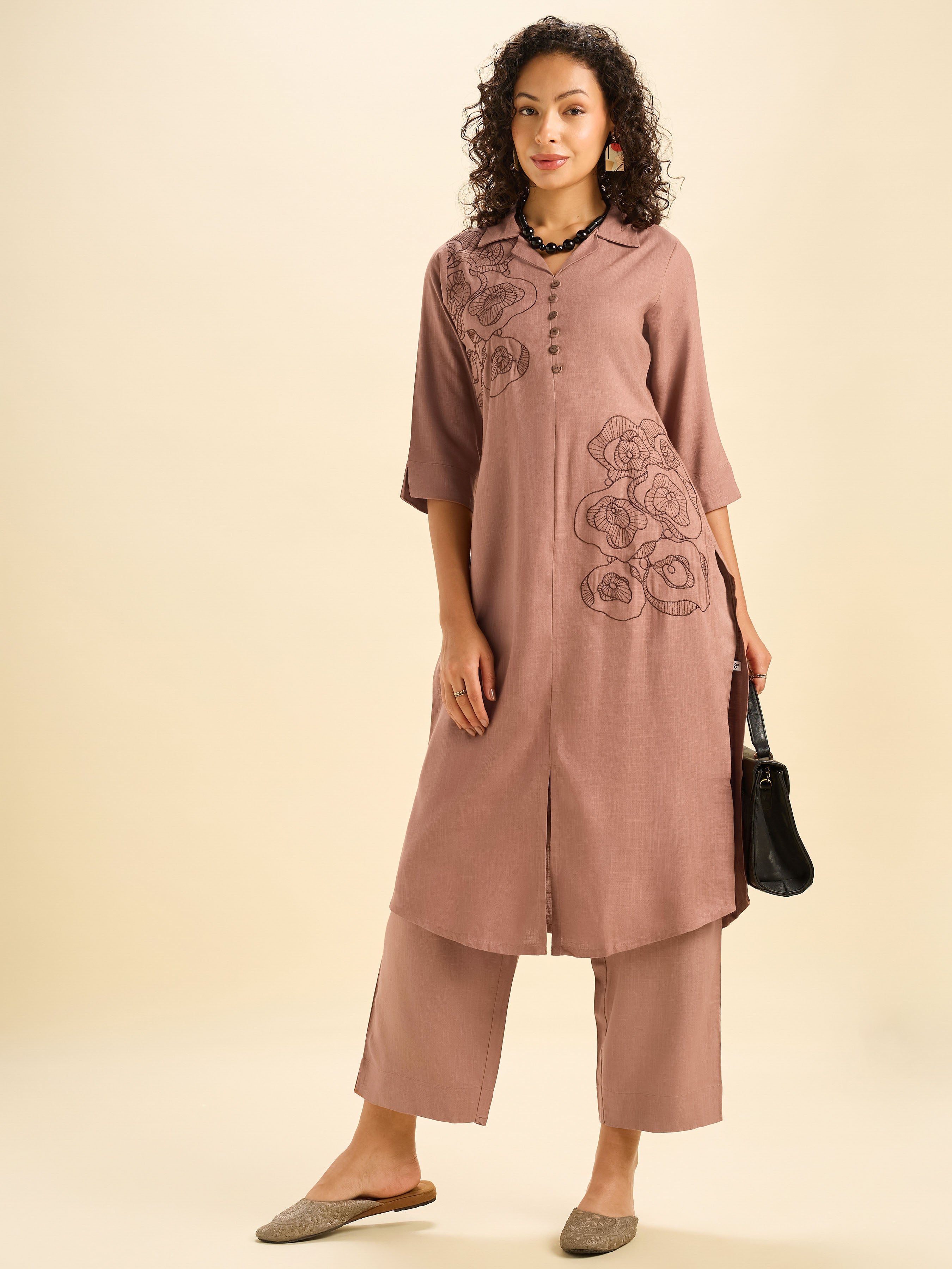 Light Brown Viscose Plain Slited Kurti With Embroidery
