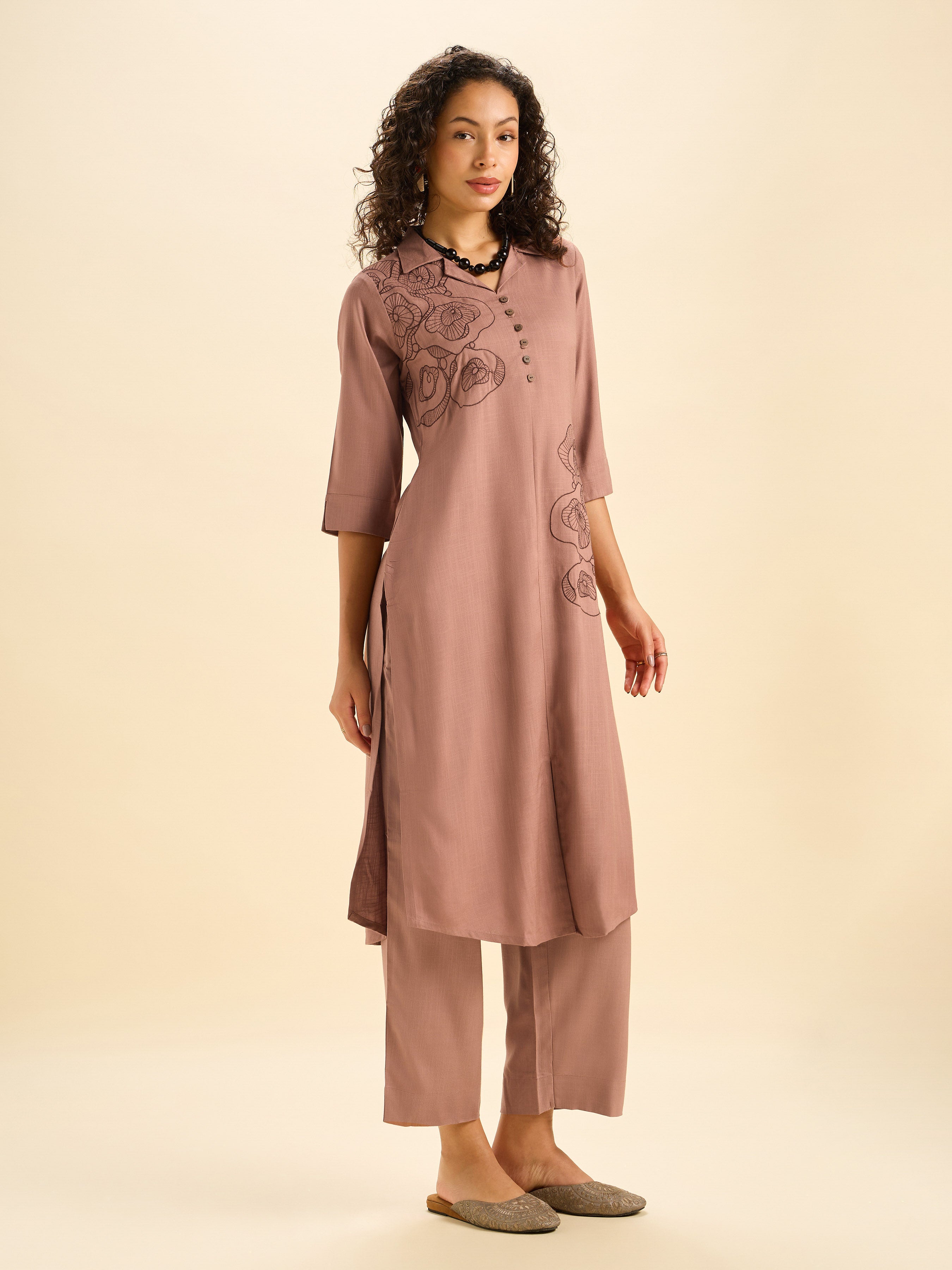 Light Brown Viscose Plain Slited Kurti With Embroidery