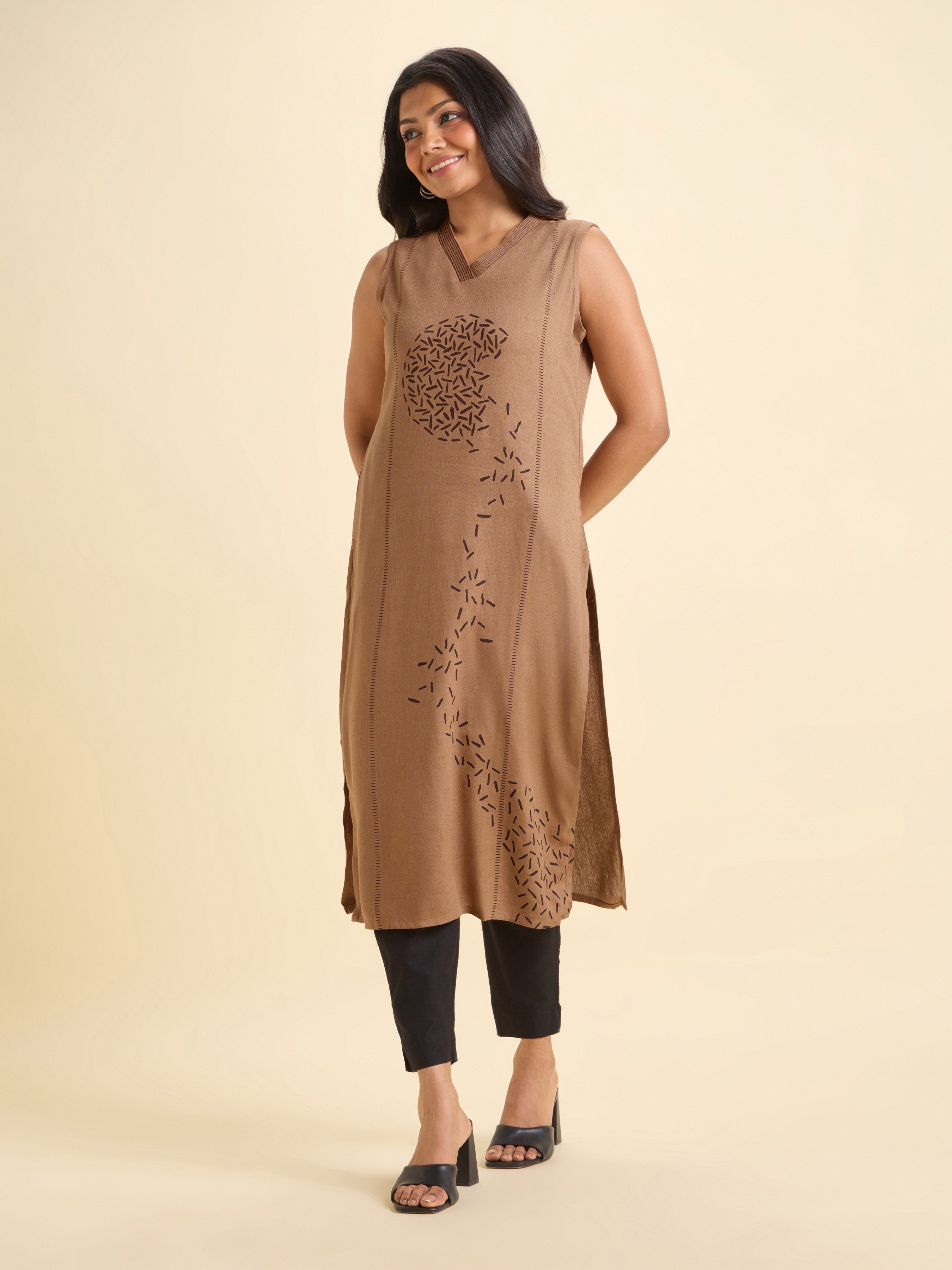 Light Brown Viscose Linen Placement Print Sleeveless Kurti With Embroidery