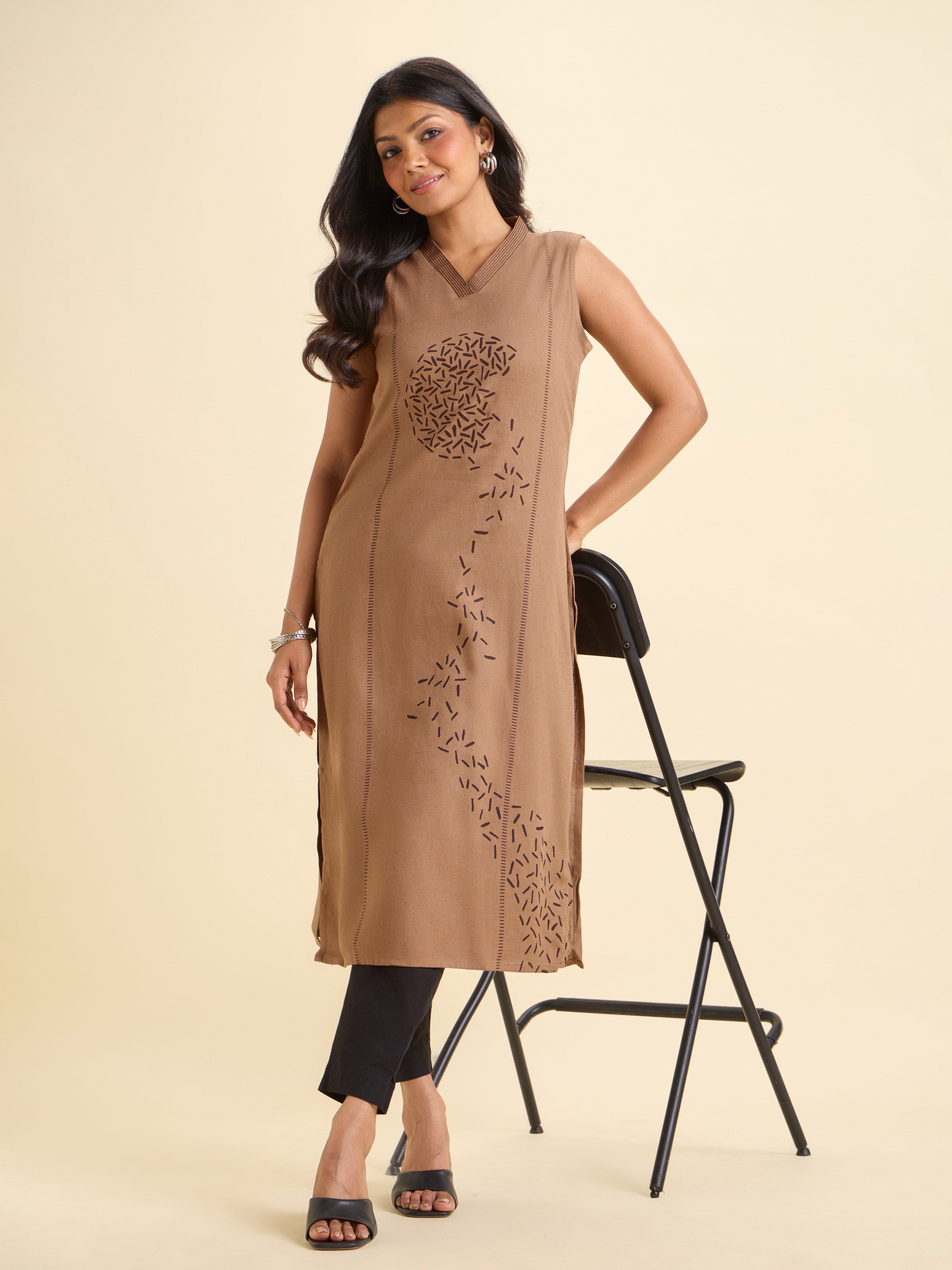Light Brown Viscose Linen Placement Print Sleeveless Kurti With Embroidery