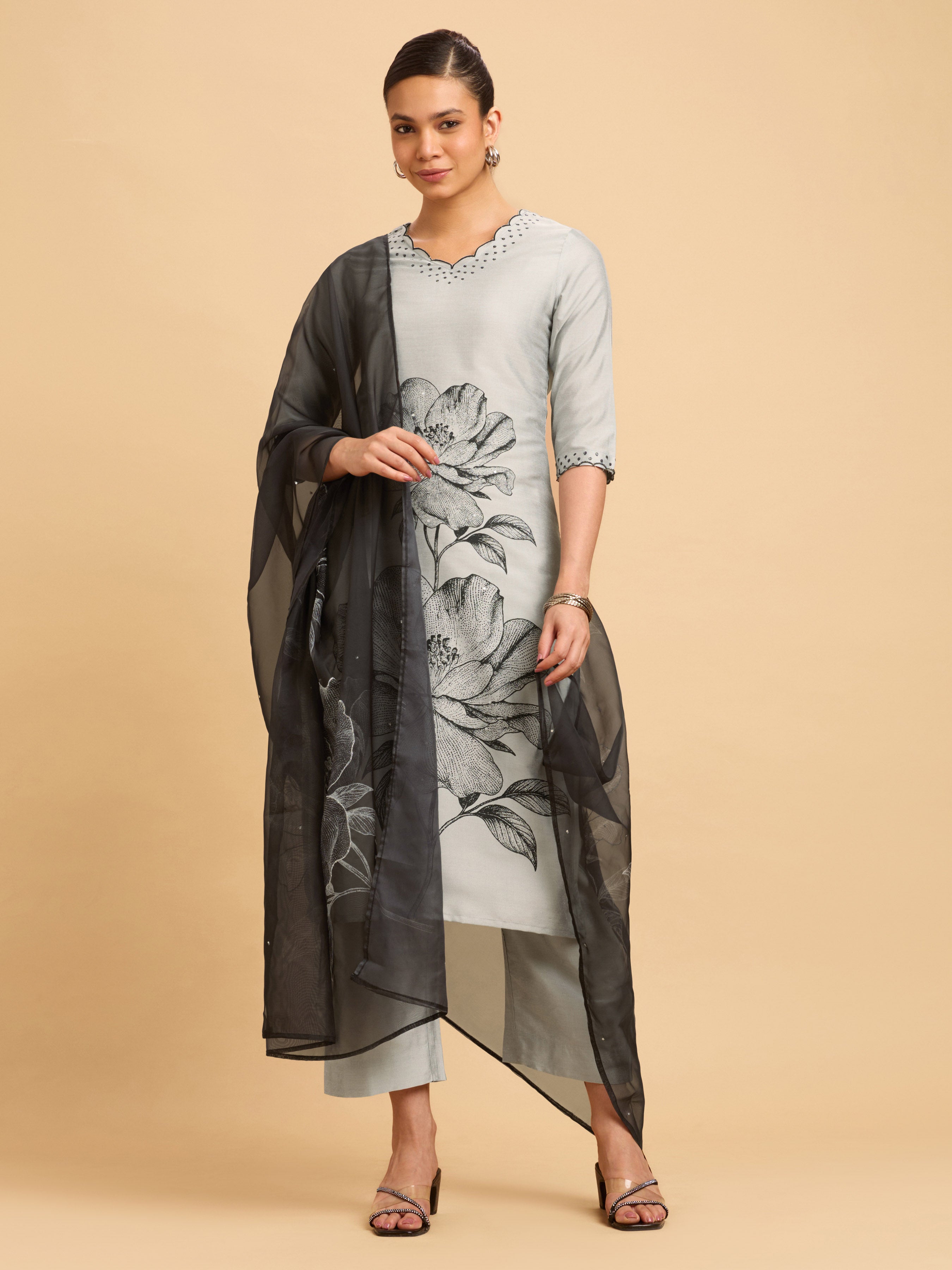 Light Grey Plain Slitted Kurti Set With Placement Print & Embroidery Sequins Work.Styled With Printed Dupatta