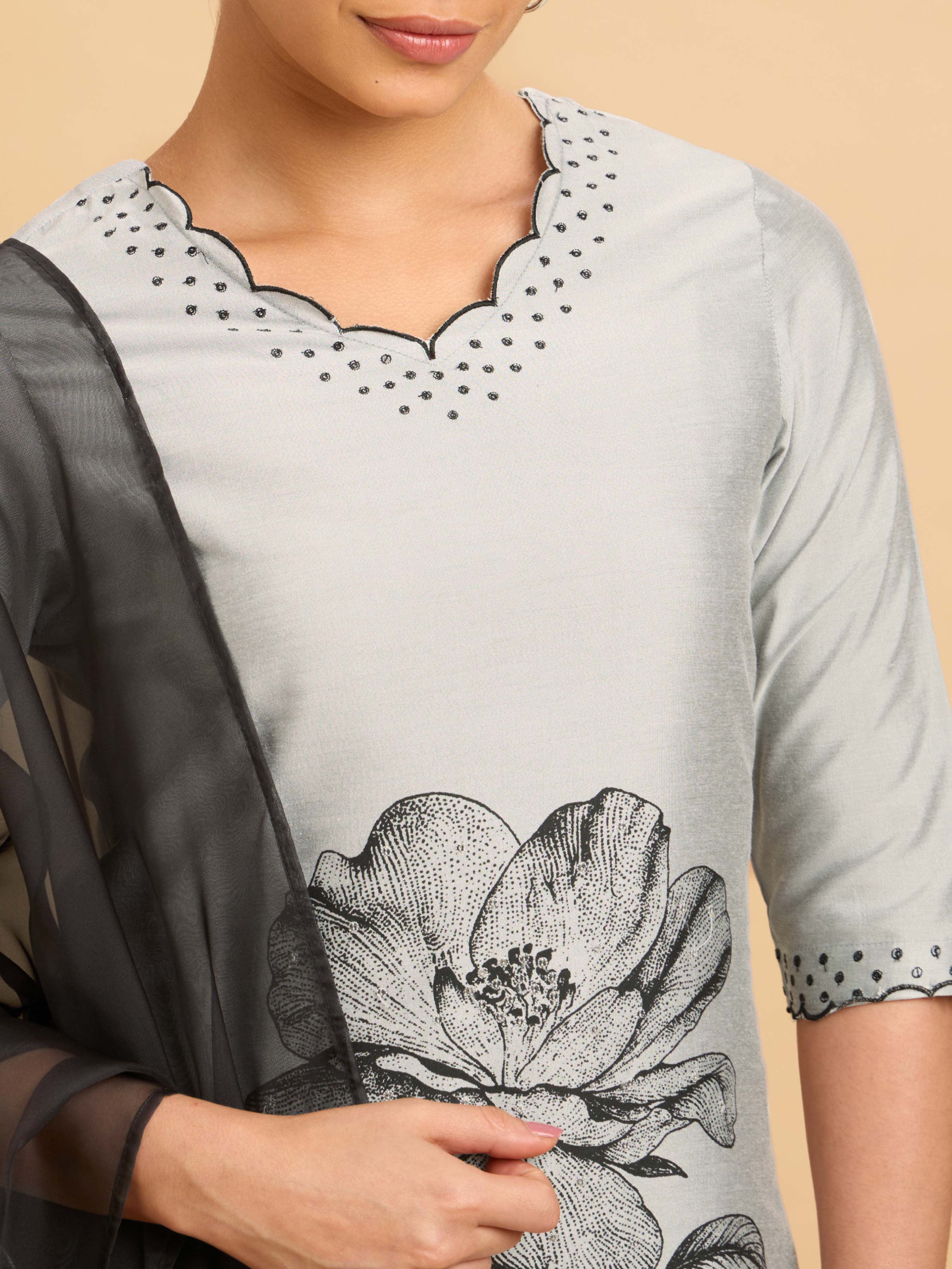 Light Grey Plain Slitted Kurti Set With Placement Print & Embroidery Sequins Work.Styled With Printed Dupatta