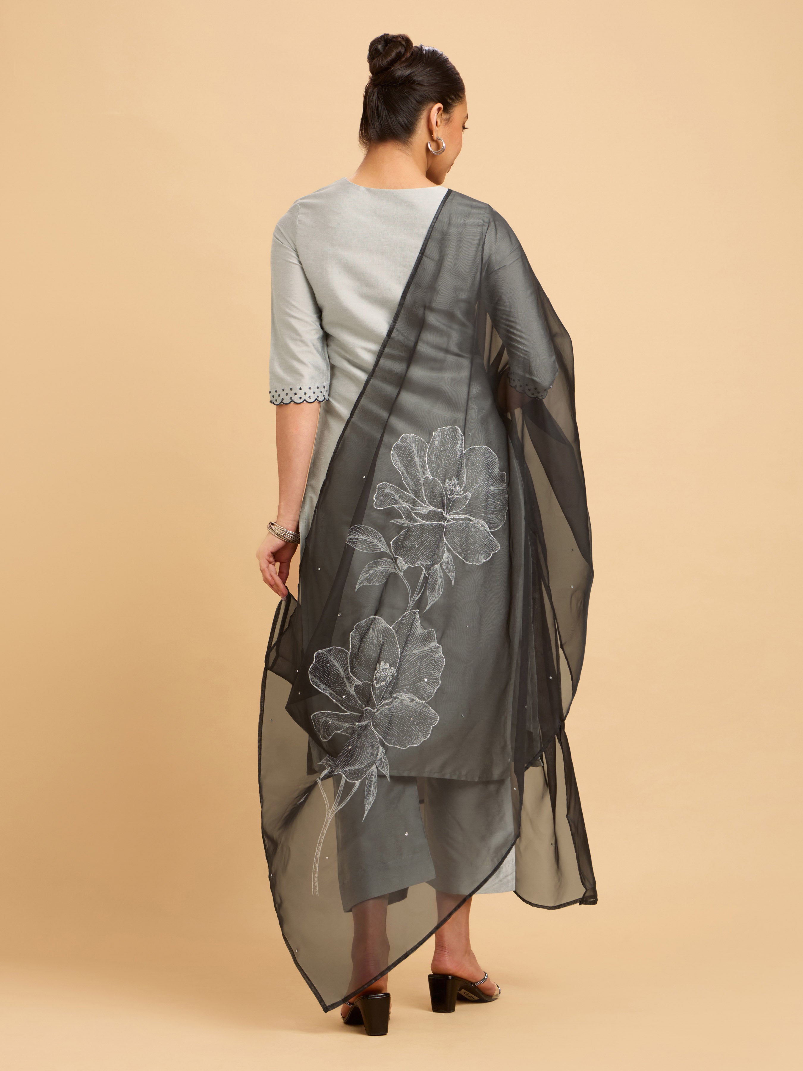 Light Grey Plain Slitted Kurti Set With Placement Print & Embroidery Sequins Work.Styled With Printed Dupatta