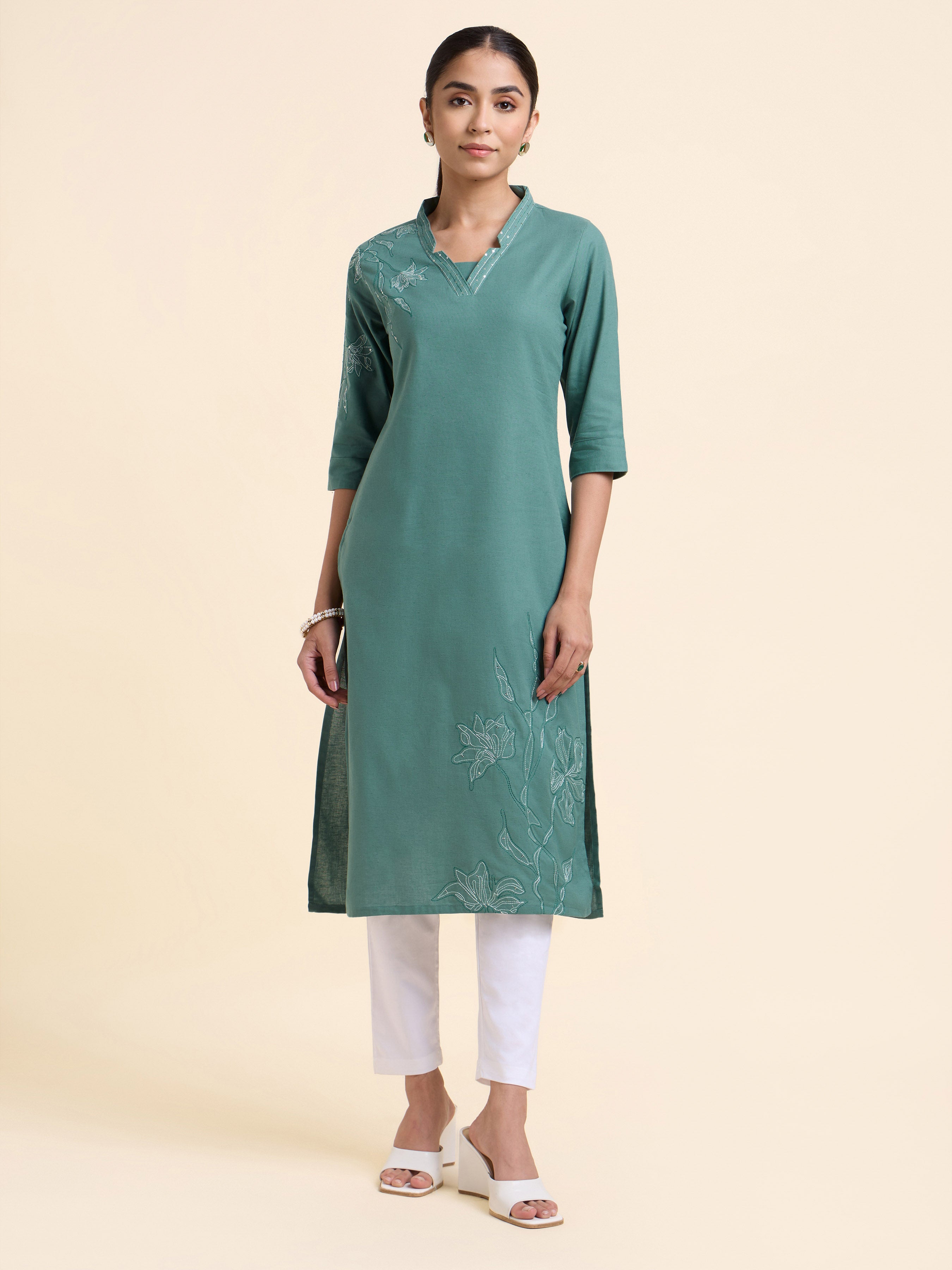 Light Teal Cotton Flax Plain Slitted Kurti With Embroidery