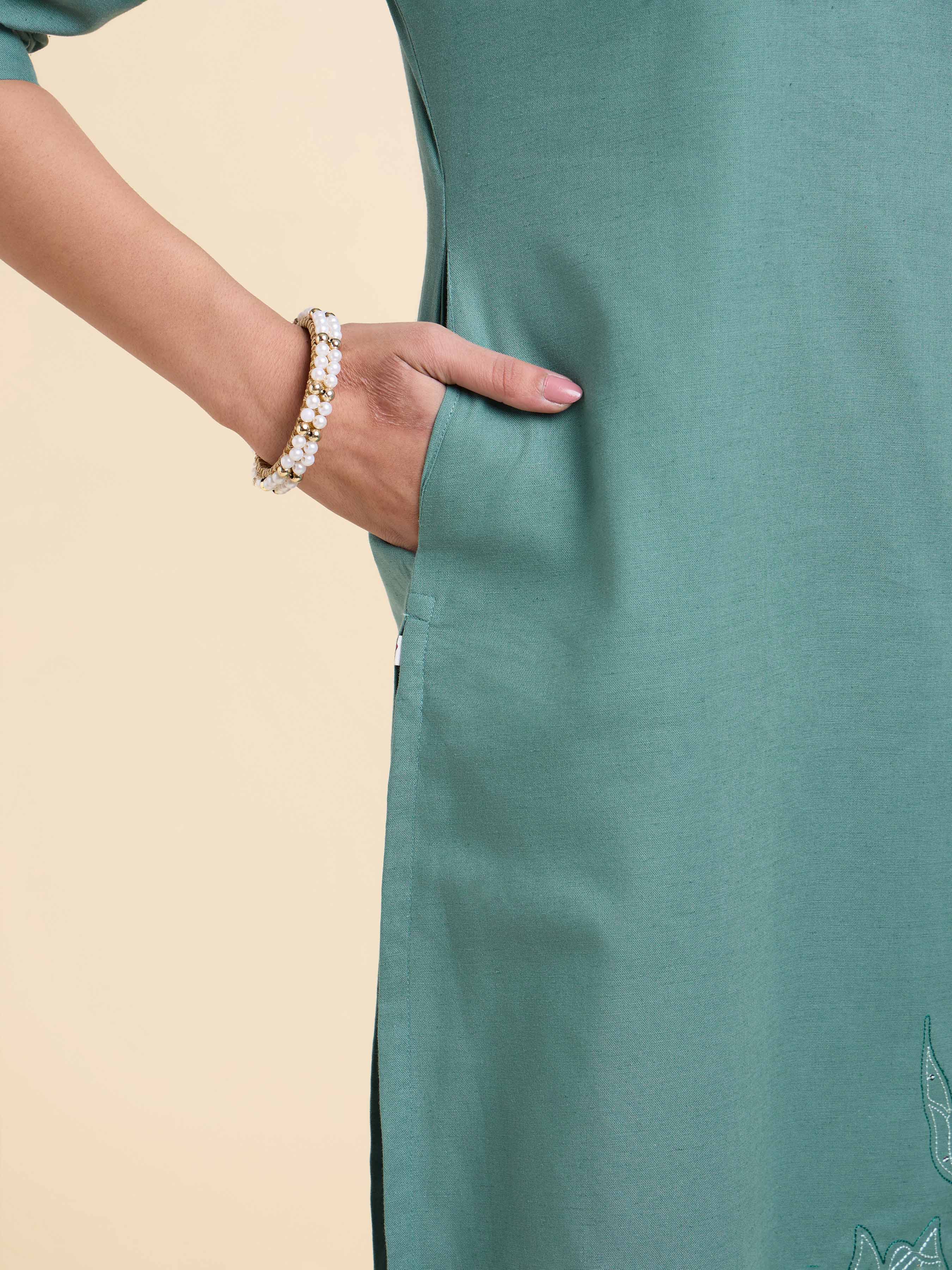 Light Teal Cotton Flax Plain Slitted Kurti With Embroidery